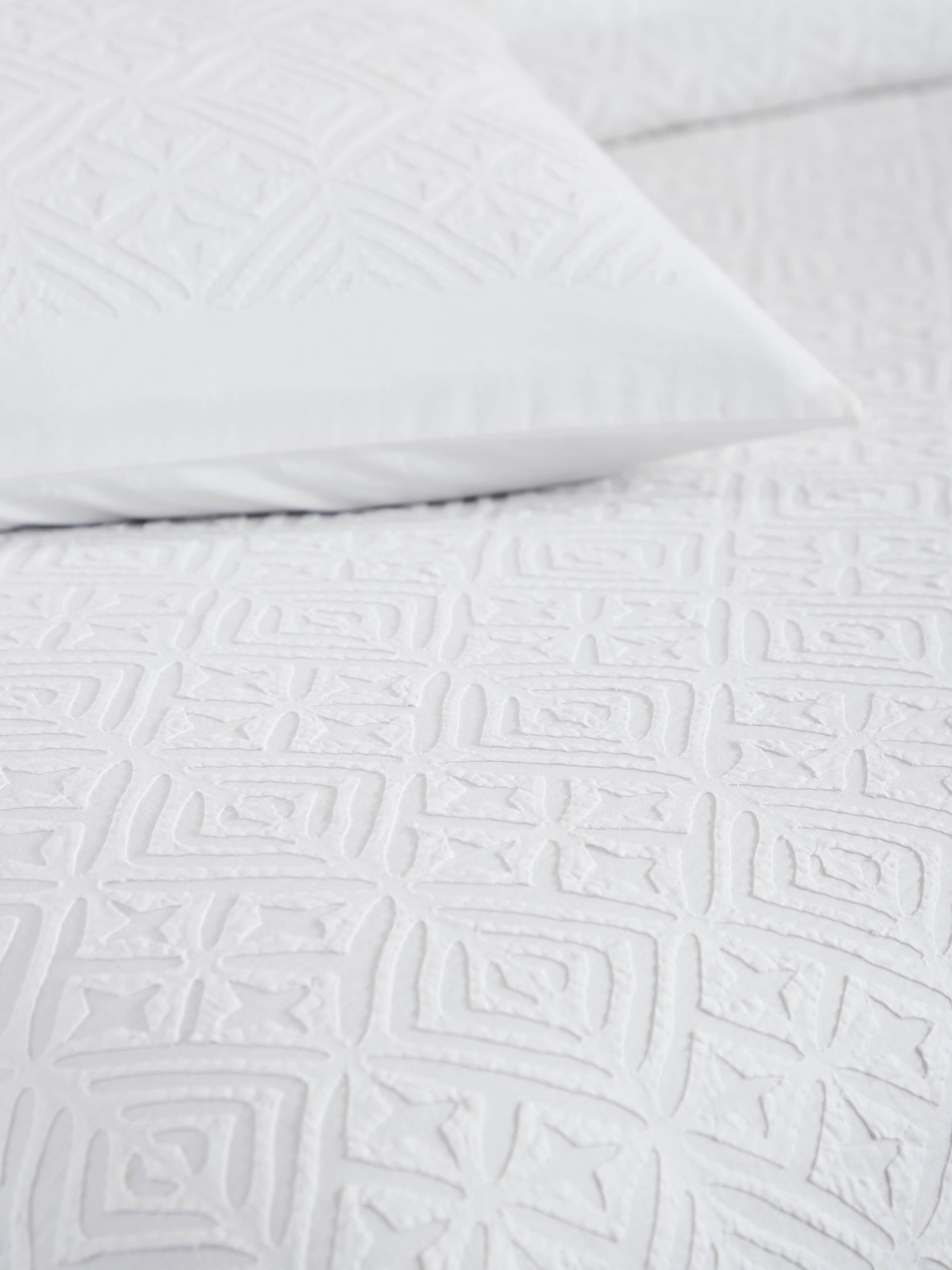 Close-up of Jharokha White Trellis Cotton Appliqué King Bedspread Set focusing on the texture and design of the appliqué.