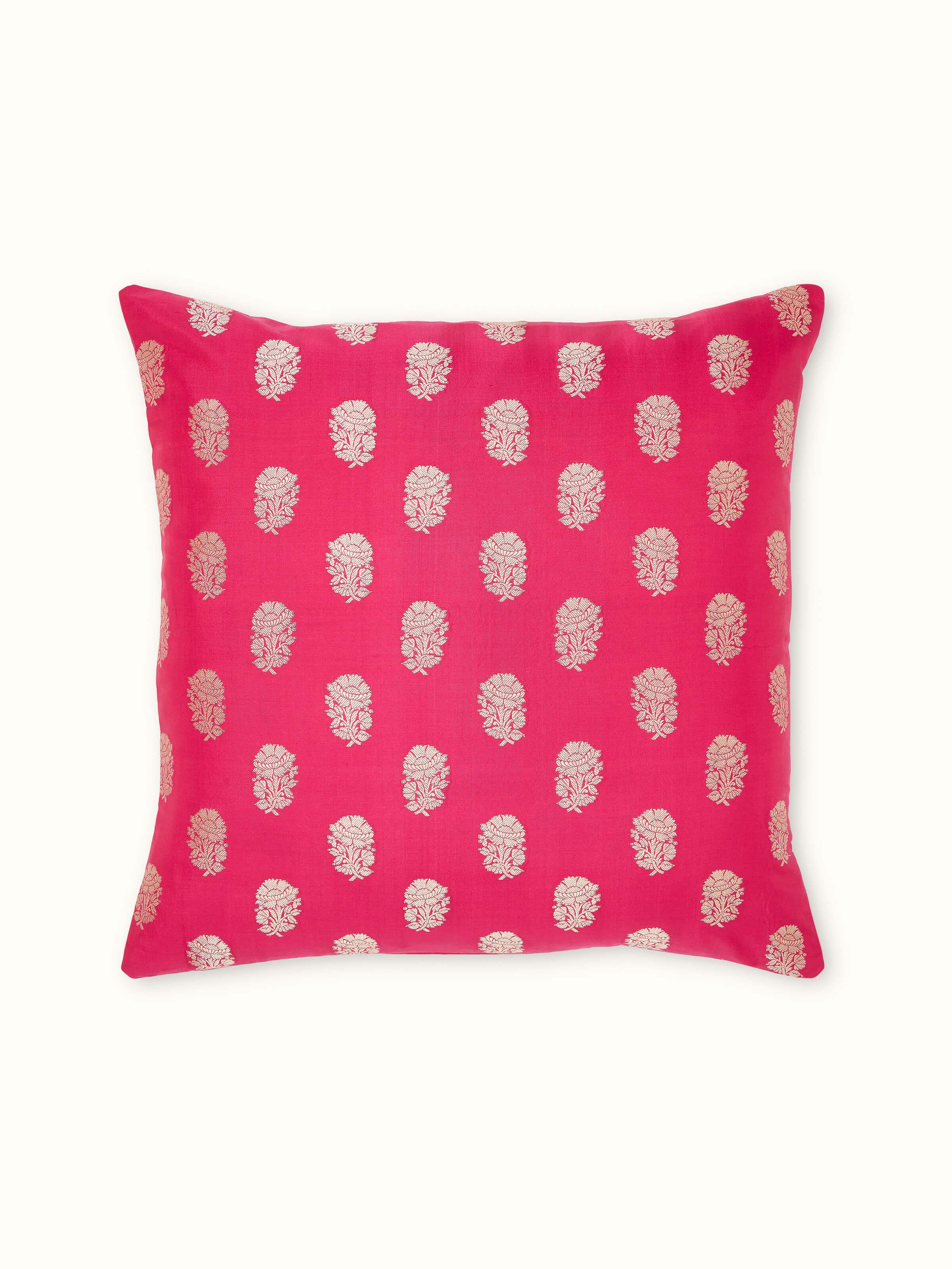 Full view of Avasa raspberry buti silk brocade Banarasi handloom cushion cover showcasing the rich raspberry color and intricate brocade pattern