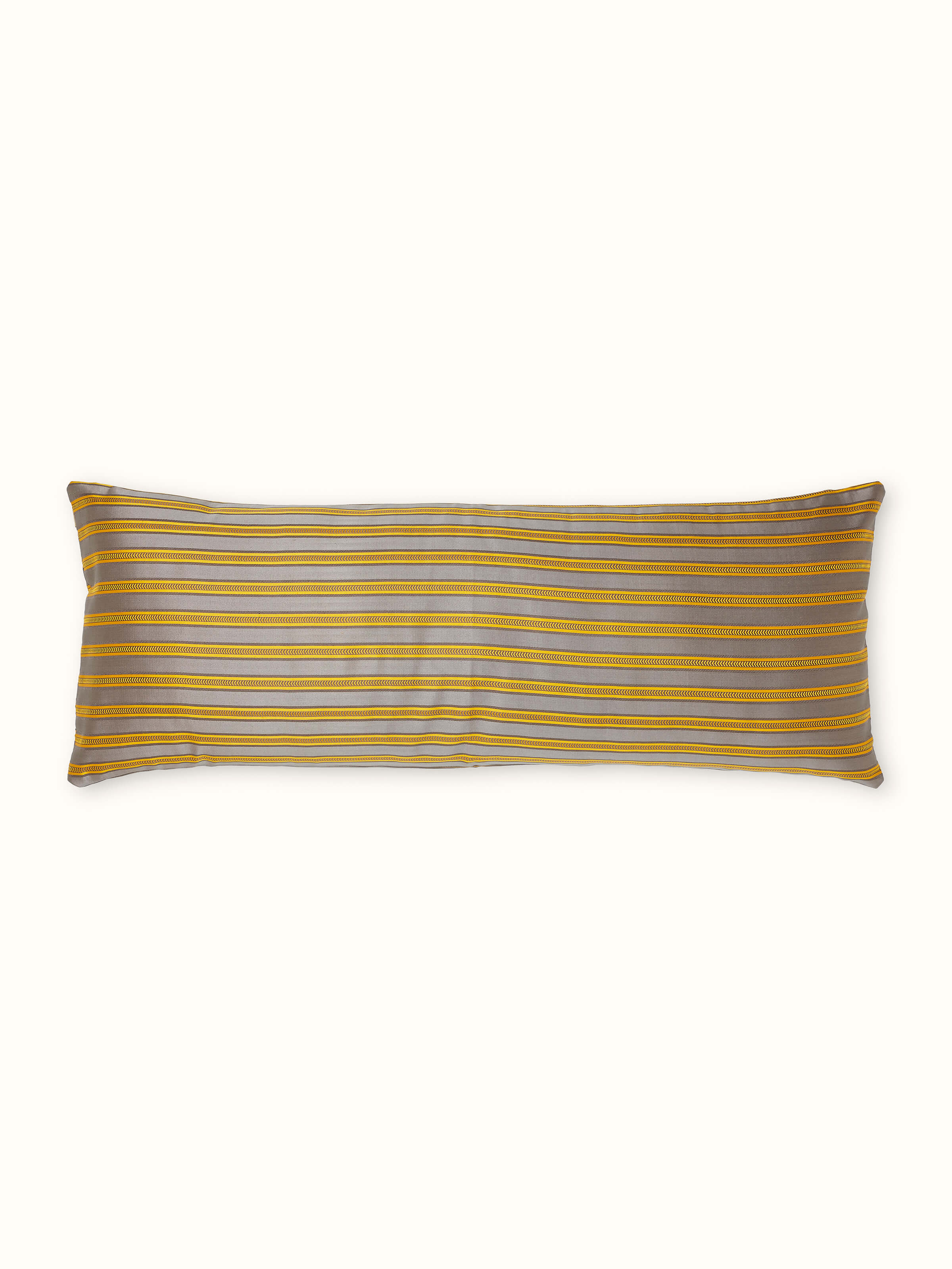 Front view of Aruni grey stripe silk mashru Banarasi handloom lumbar cushion cover showing elegant striped design and texture.