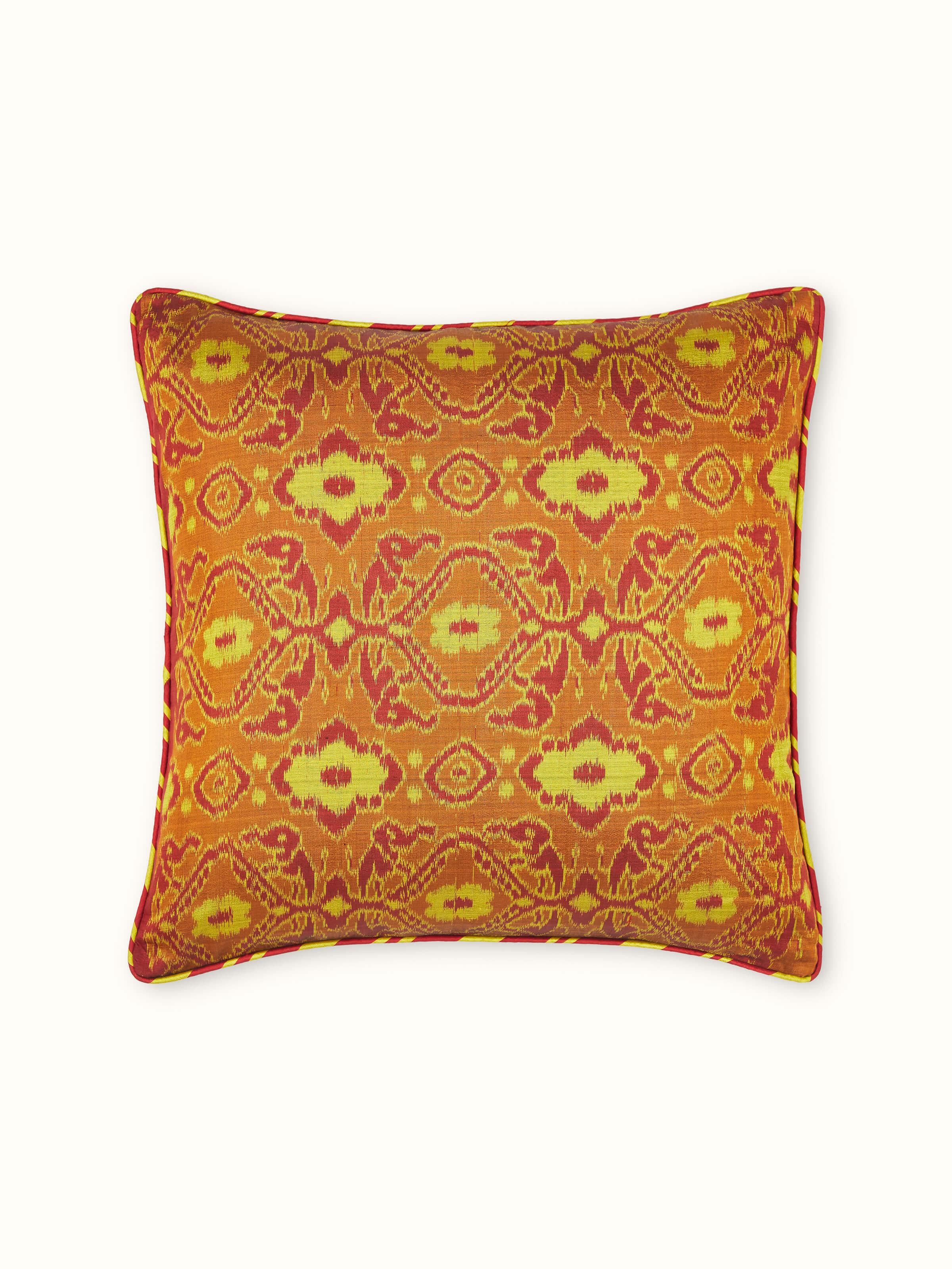 Full view of Bhoomi red allover silk Odisha handloom ikat cushion cover showcasing its vibrant red color and ikat design
