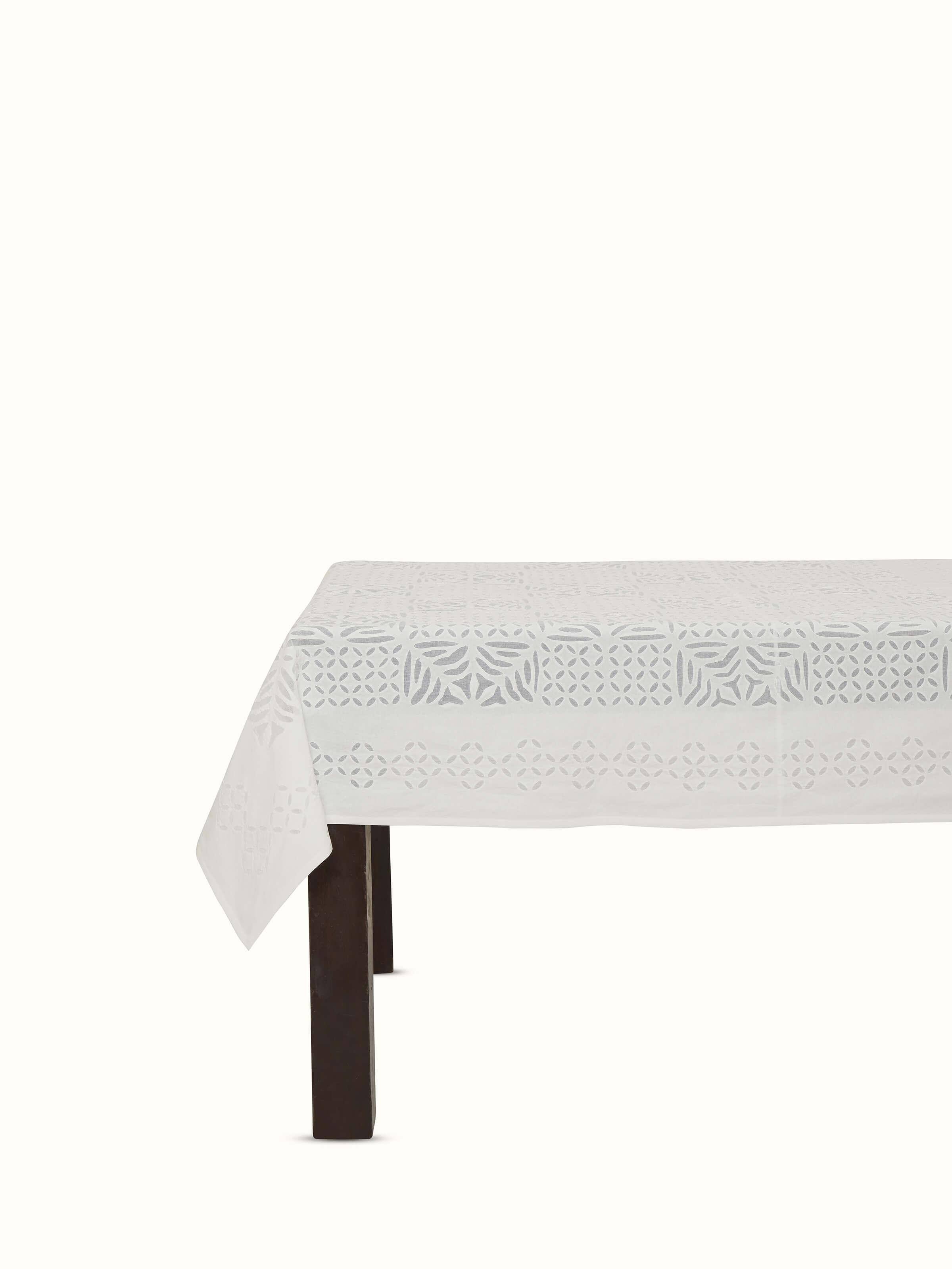 Full view of Ekam white trellis cotton appliqué embroidered table cover (4 seater) showing the elegant design and embroidery.