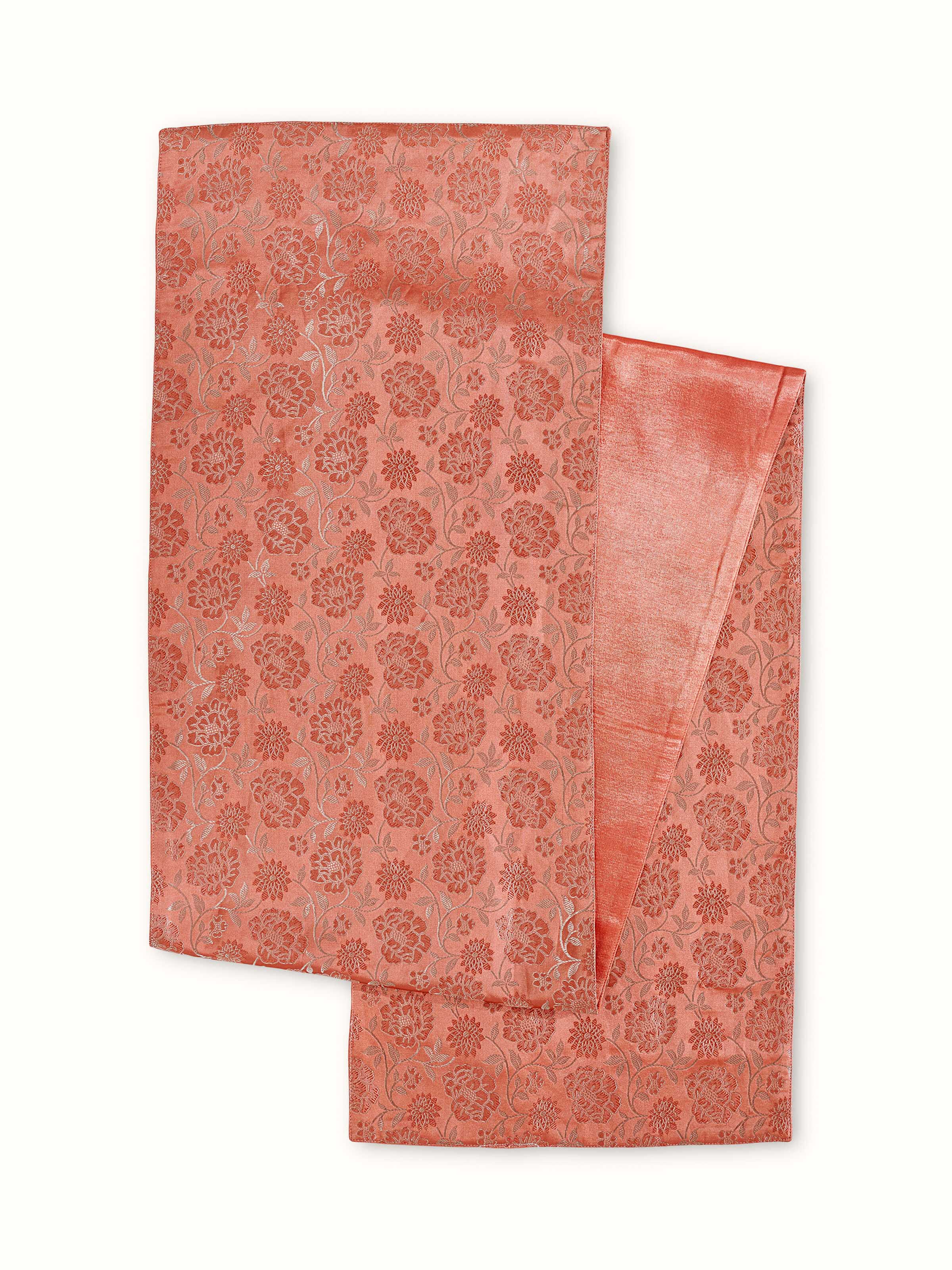 Angled view highlighting the rich silk texture and detailed brocade weaving.