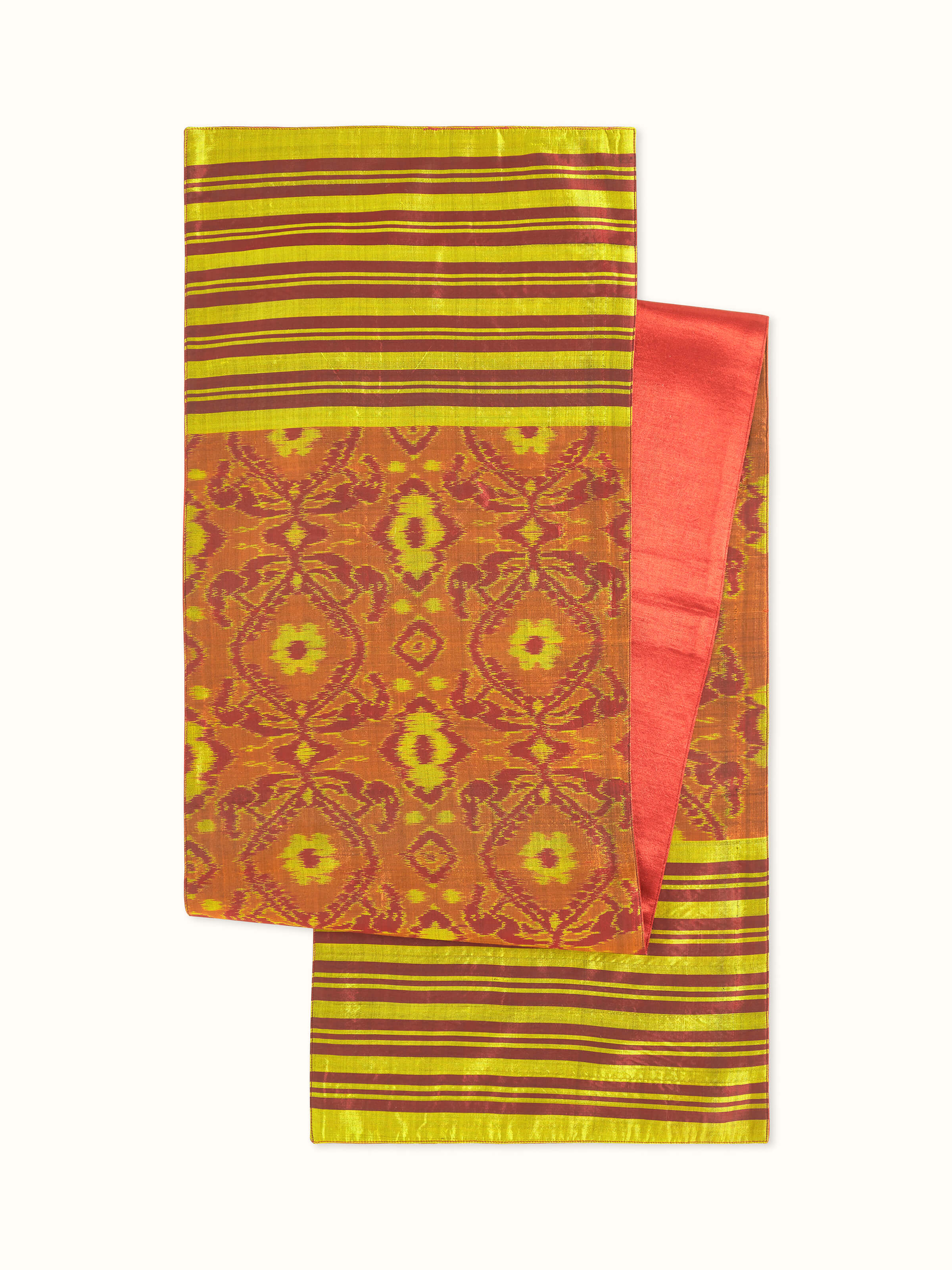 Front view of Bhoomi table runner with bold red stripes in Odisha handloom silk Ikat weave