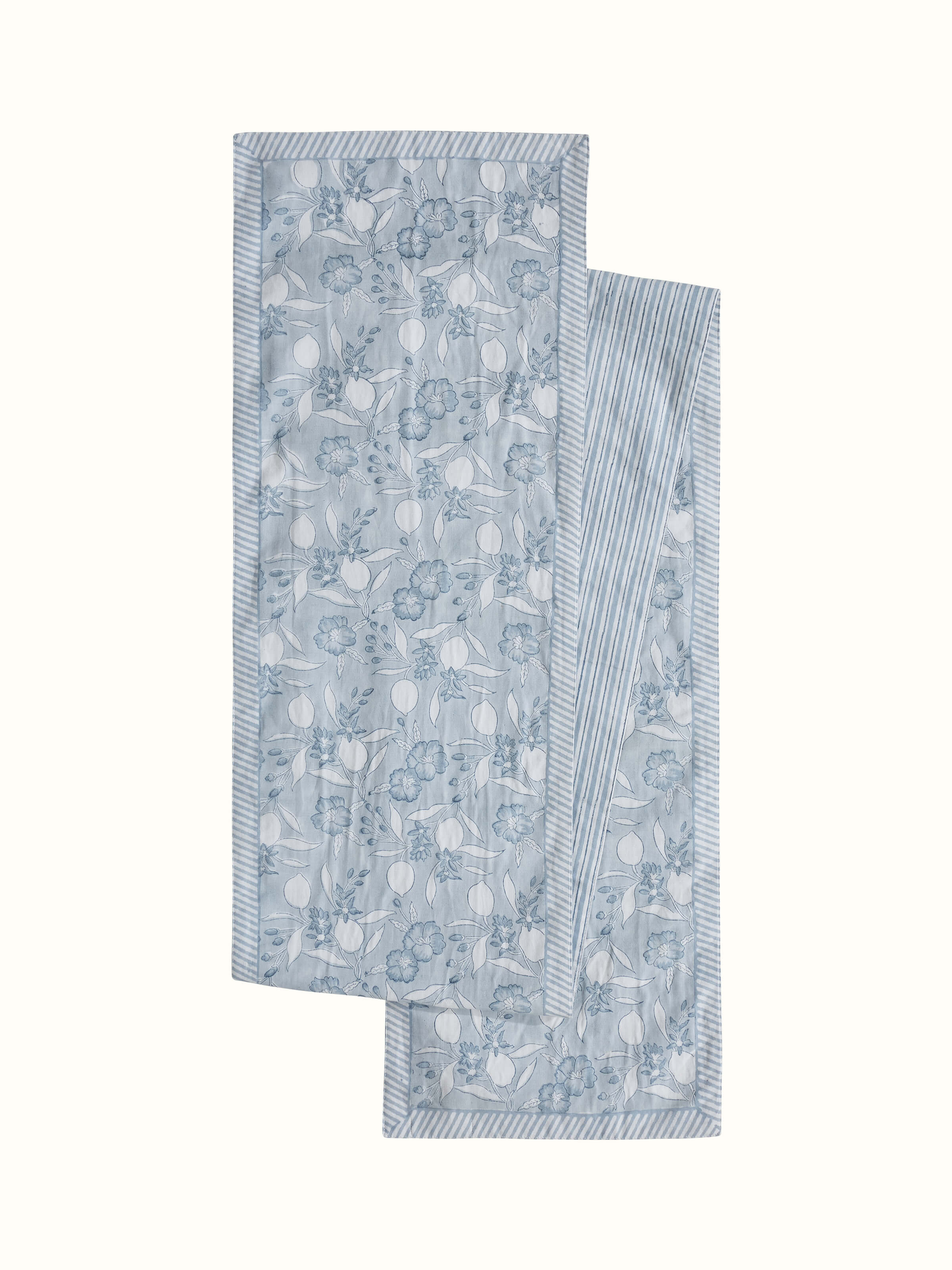 Front view of Anika light blue floral cotton linen Sanganeri block printed table runner (6 seater) showcasing the floral pattern