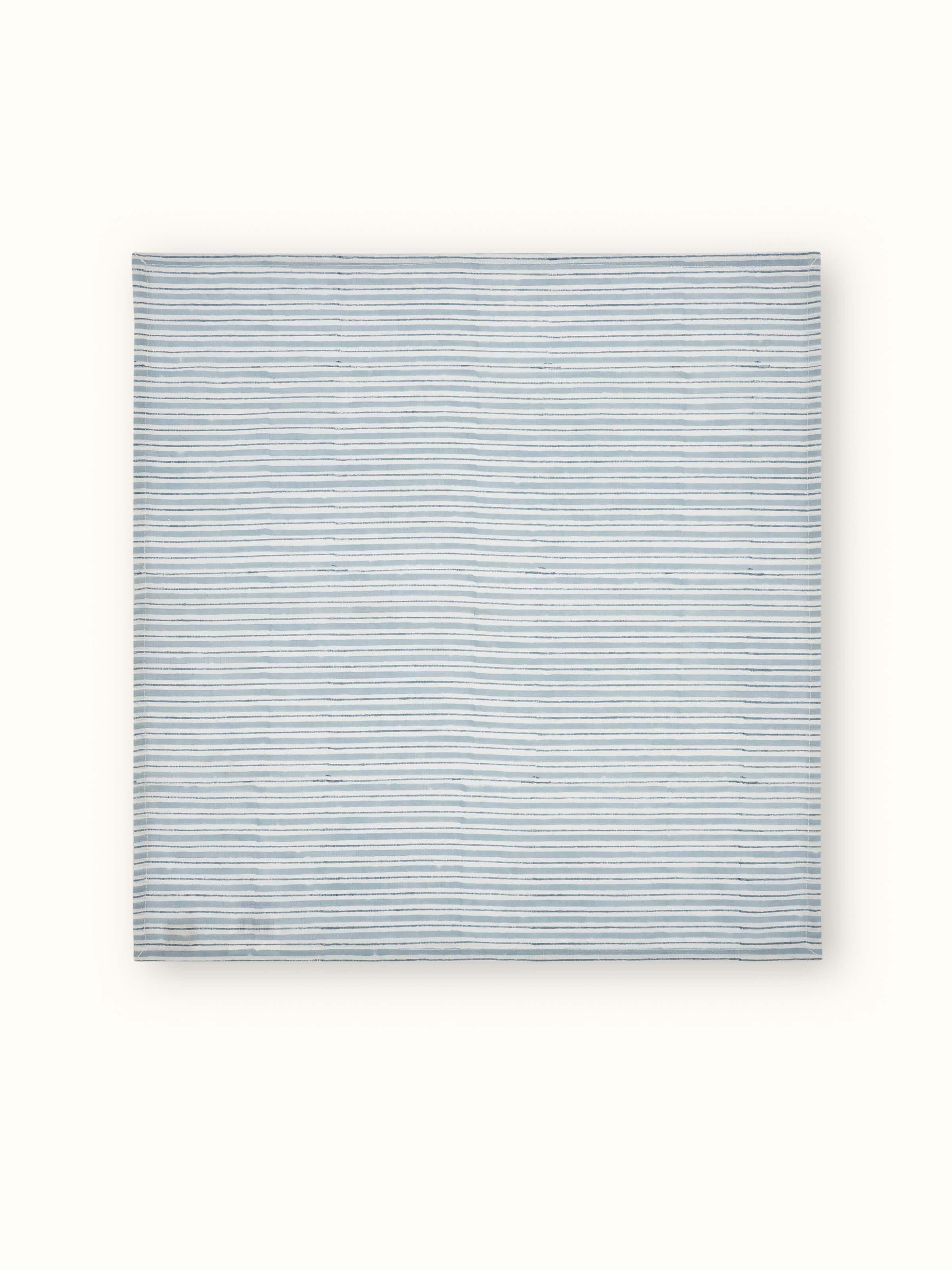 Close-up view of Anika Light Blue Stripe Cotton Linen Sanganeri Block Printed Dinner Napkins showing the fine block print and light blue stripes.