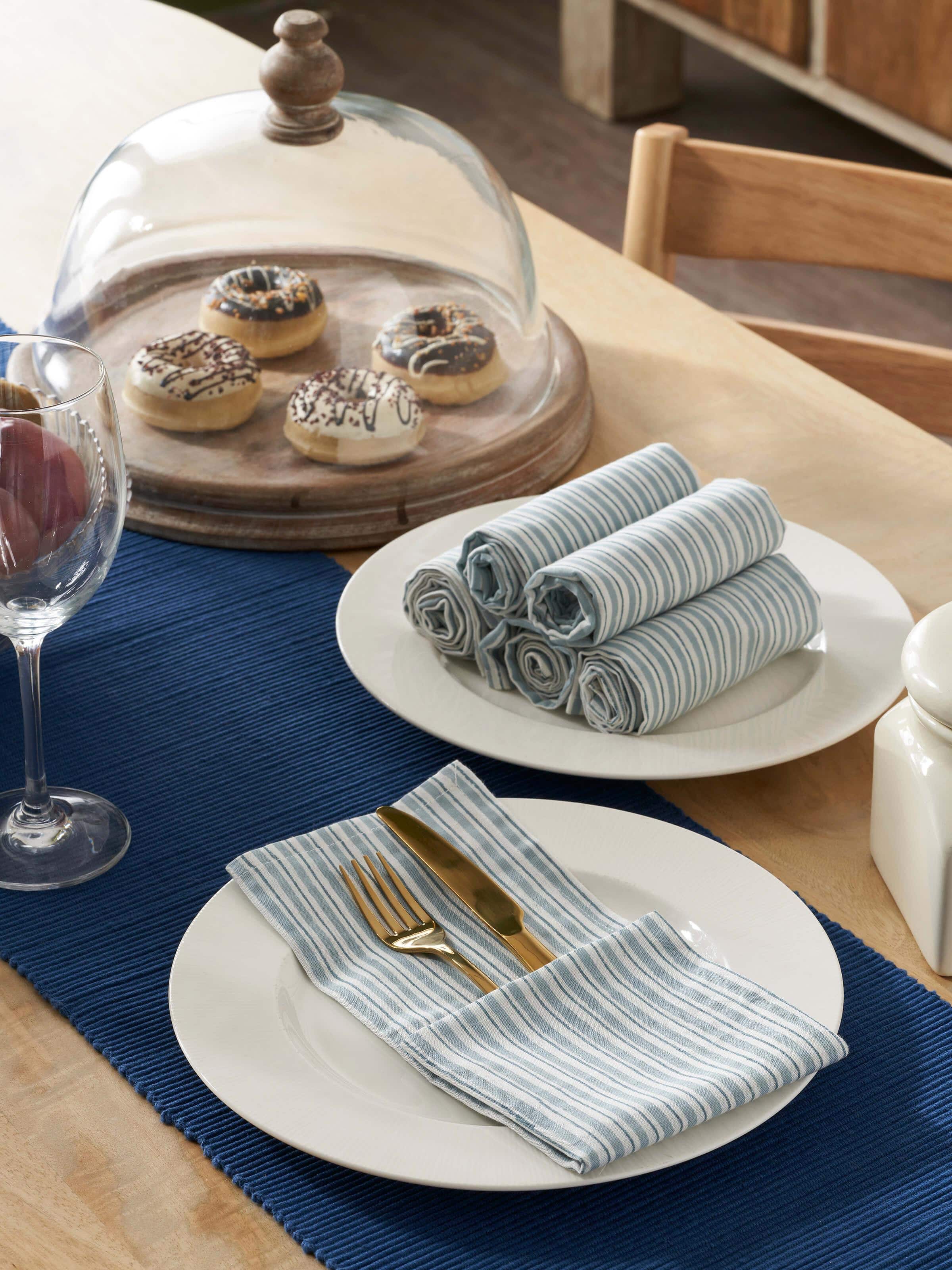 Front view of Anika Light Blue Stripe Cotton Linen Sanganeri Block Printed Dinner Napkins arranged neatly to showcase the pattern and fabric.