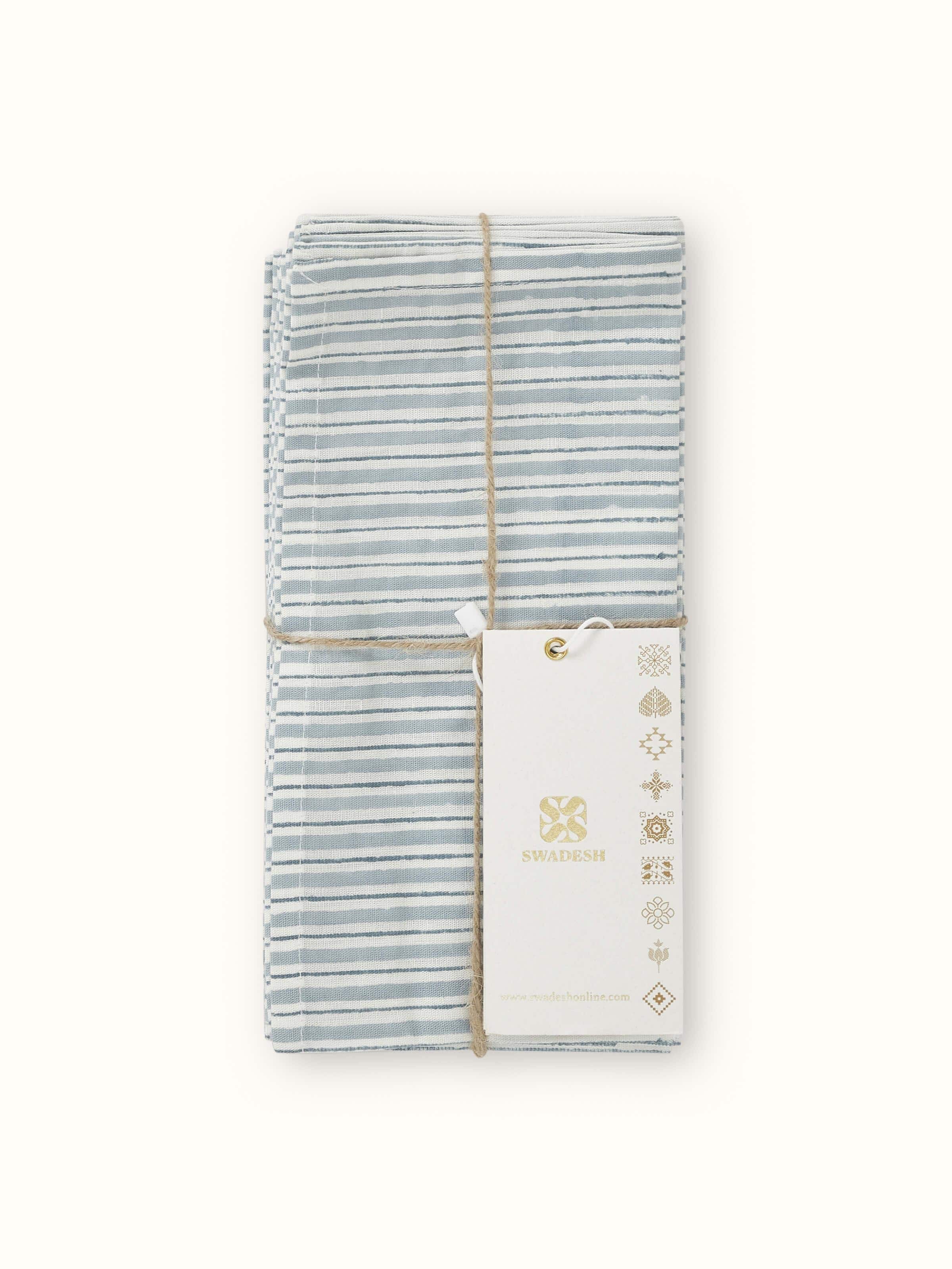 Full view of Anika Light Blue Stripe Cotton Linen Sanganeri Block Printed Dinner Napkins displayed in a stack, illustrating the overall design and color.