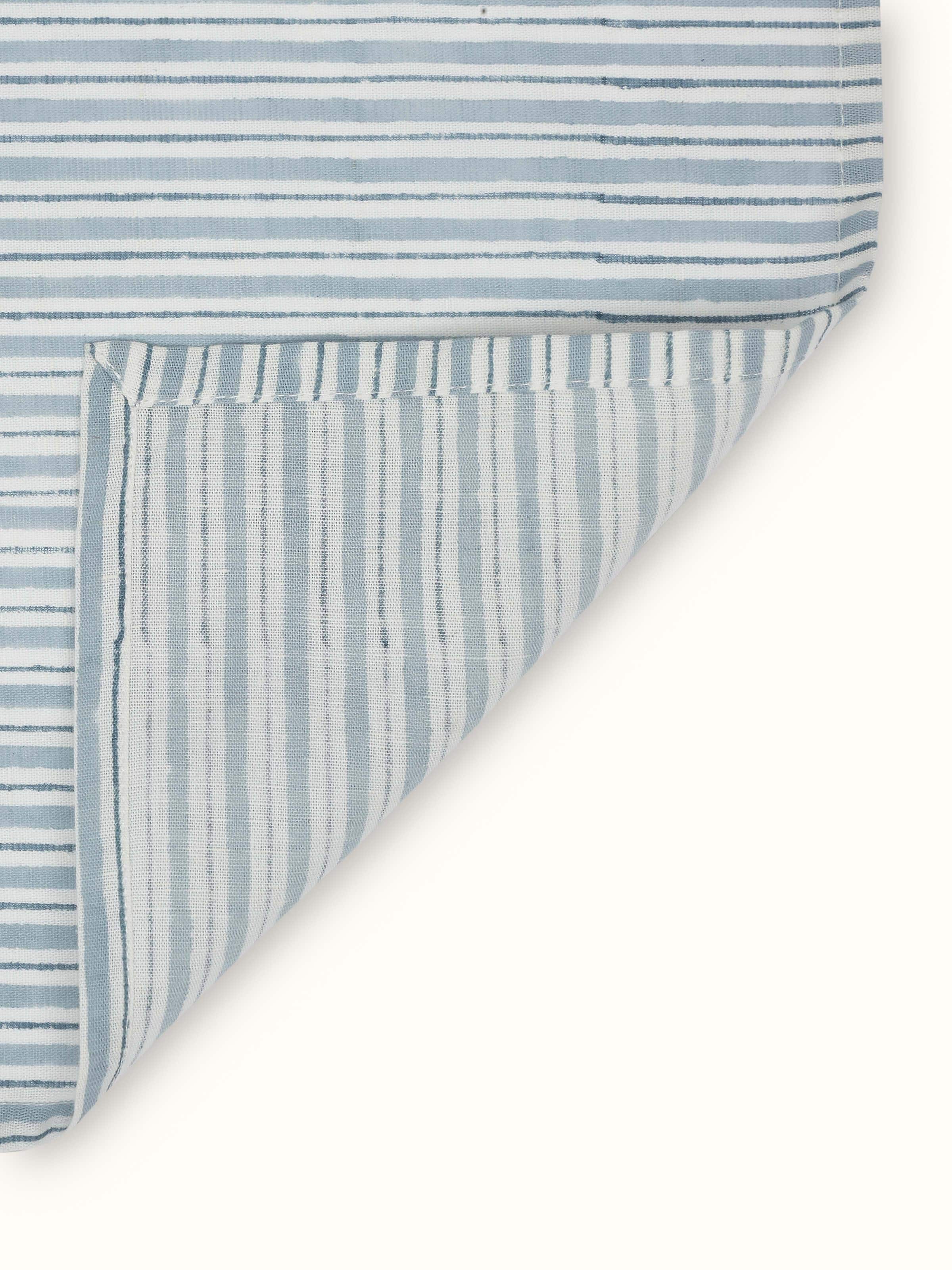 Detailed view of Anika Light Blue Stripe Cotton Linen Sanganeri Block Printed Dinner Napkins focusing on the block print design and edge finishing.