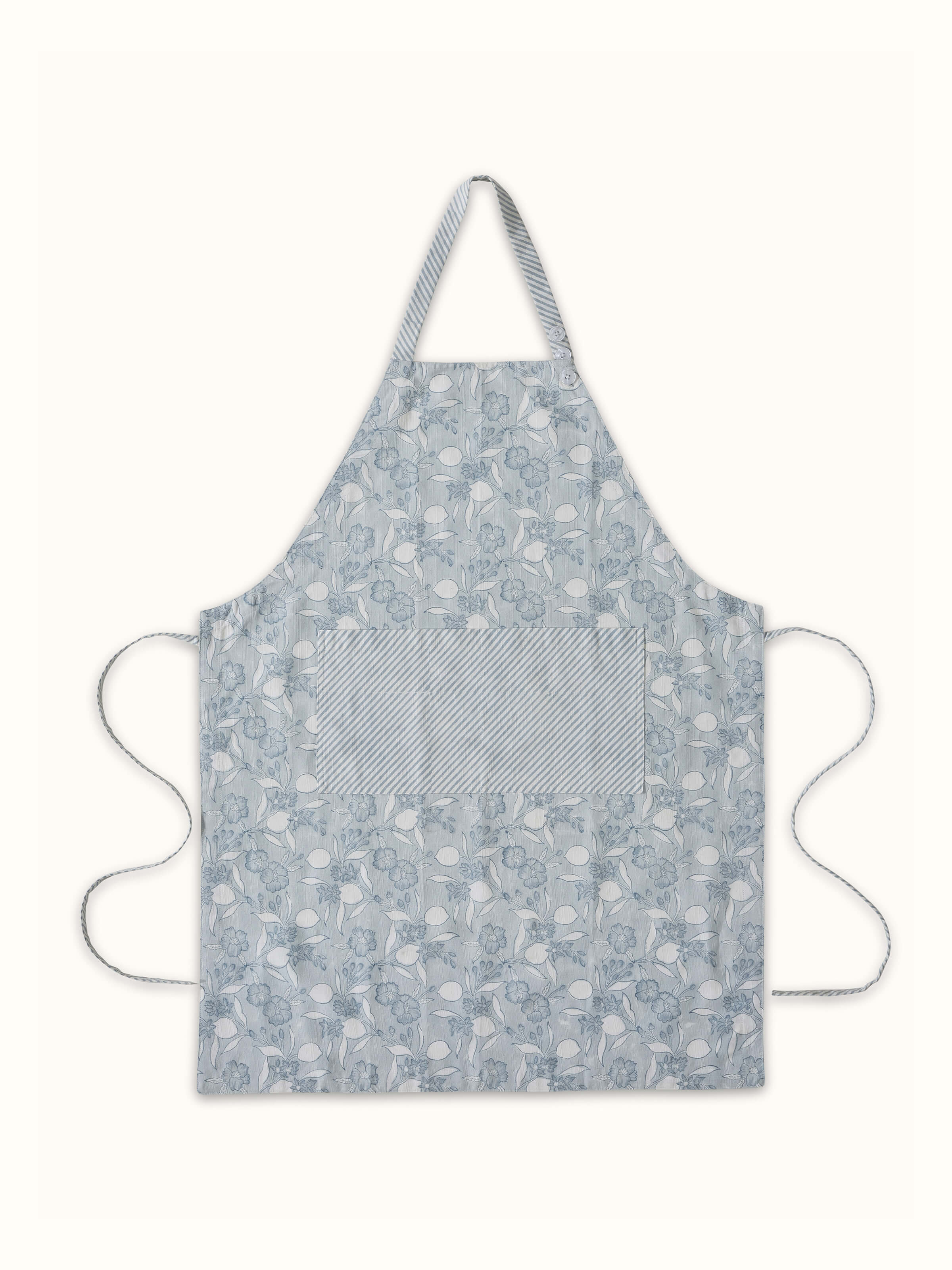 Full view of Anika light blue floral cotton Sanganeri block printed apron displaying the floral block print design and light blue color.