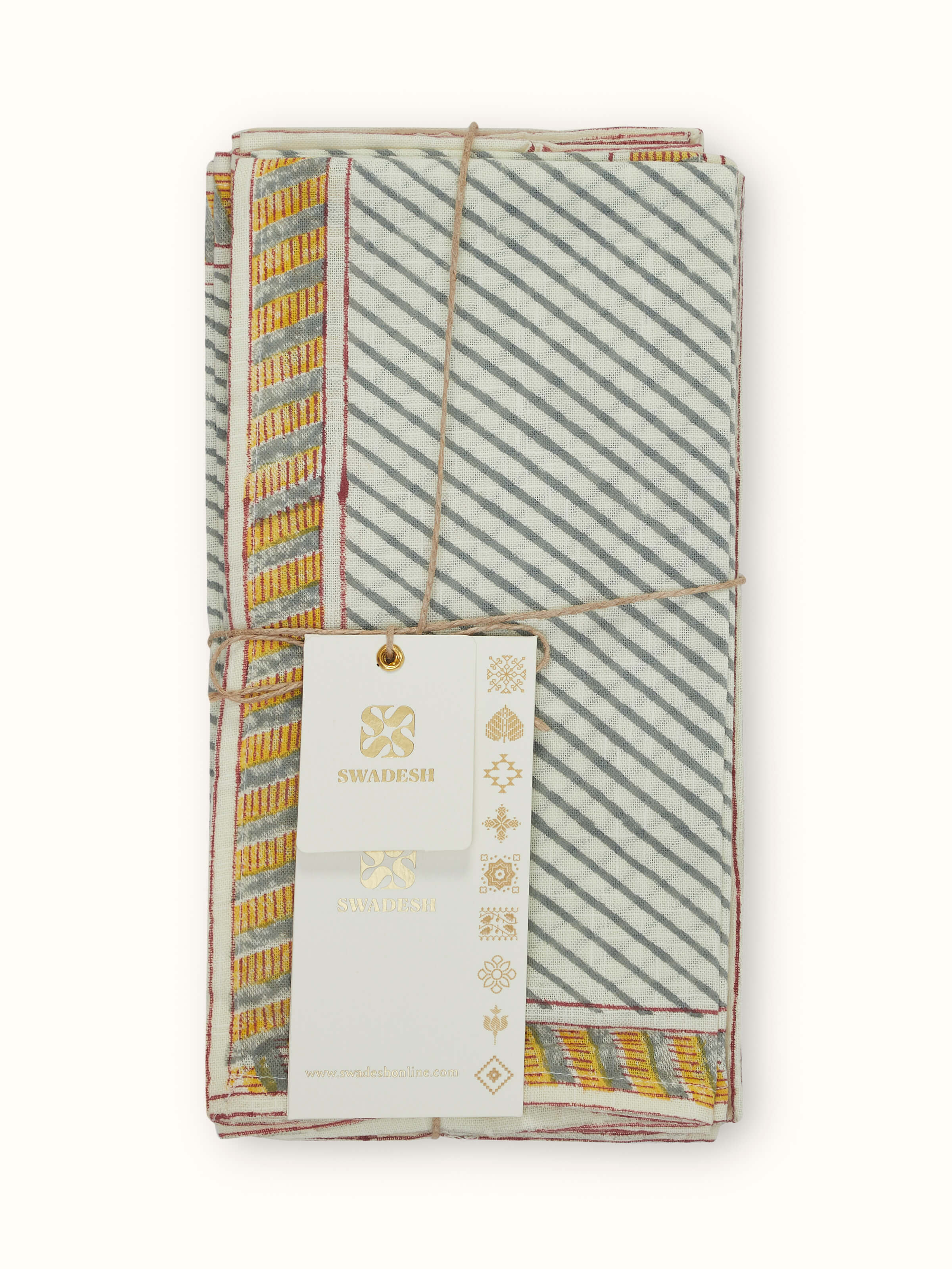 Detailed close-up of Samaha twill grey stripe cotton Sanganeri block printed dinner napkins focusing on the block print and grey stripes.