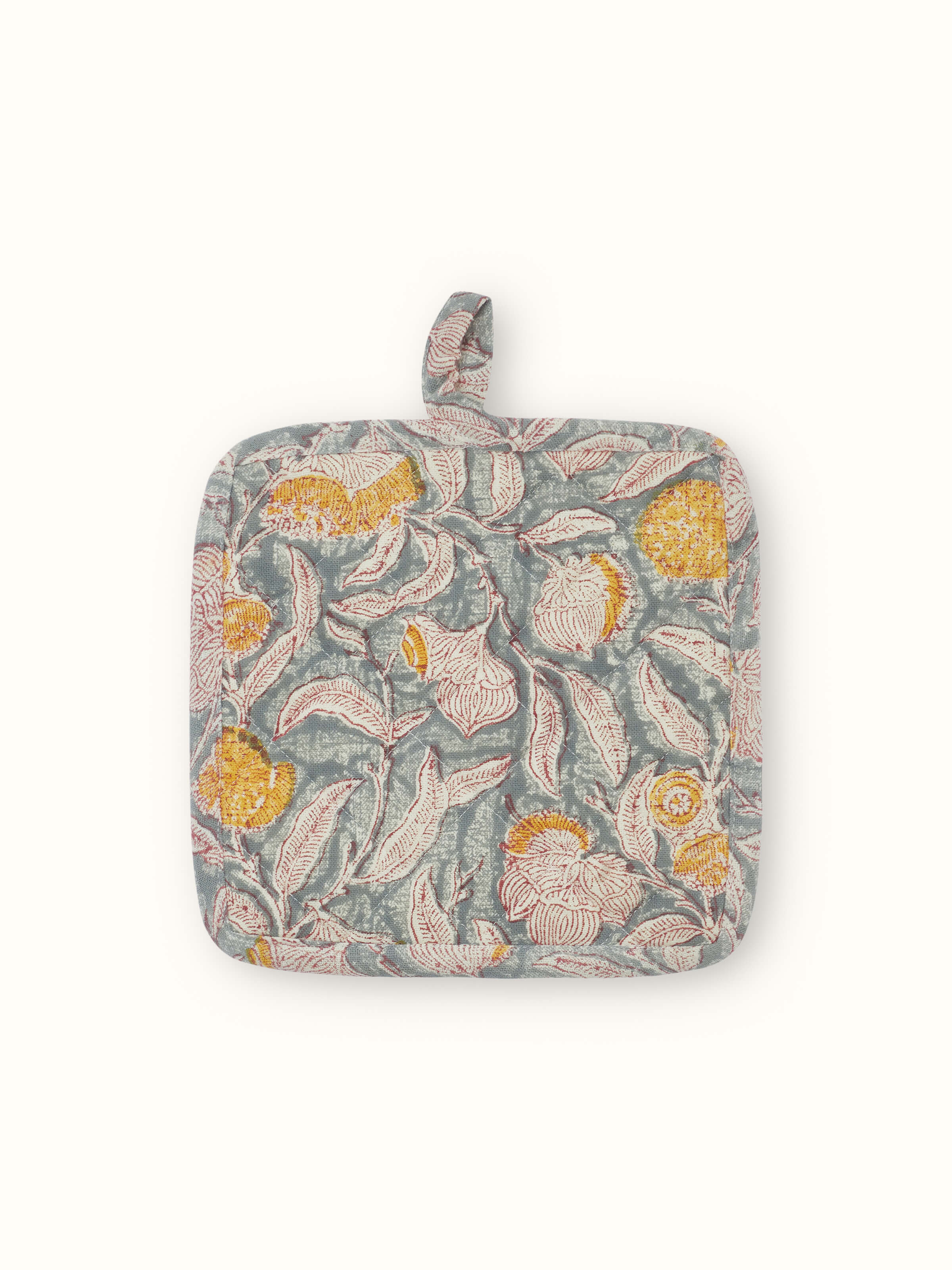 Full view of Samaha grey floral cotton Sanganeri block printed pot holder showcasing the grey floral pattern and block print design.