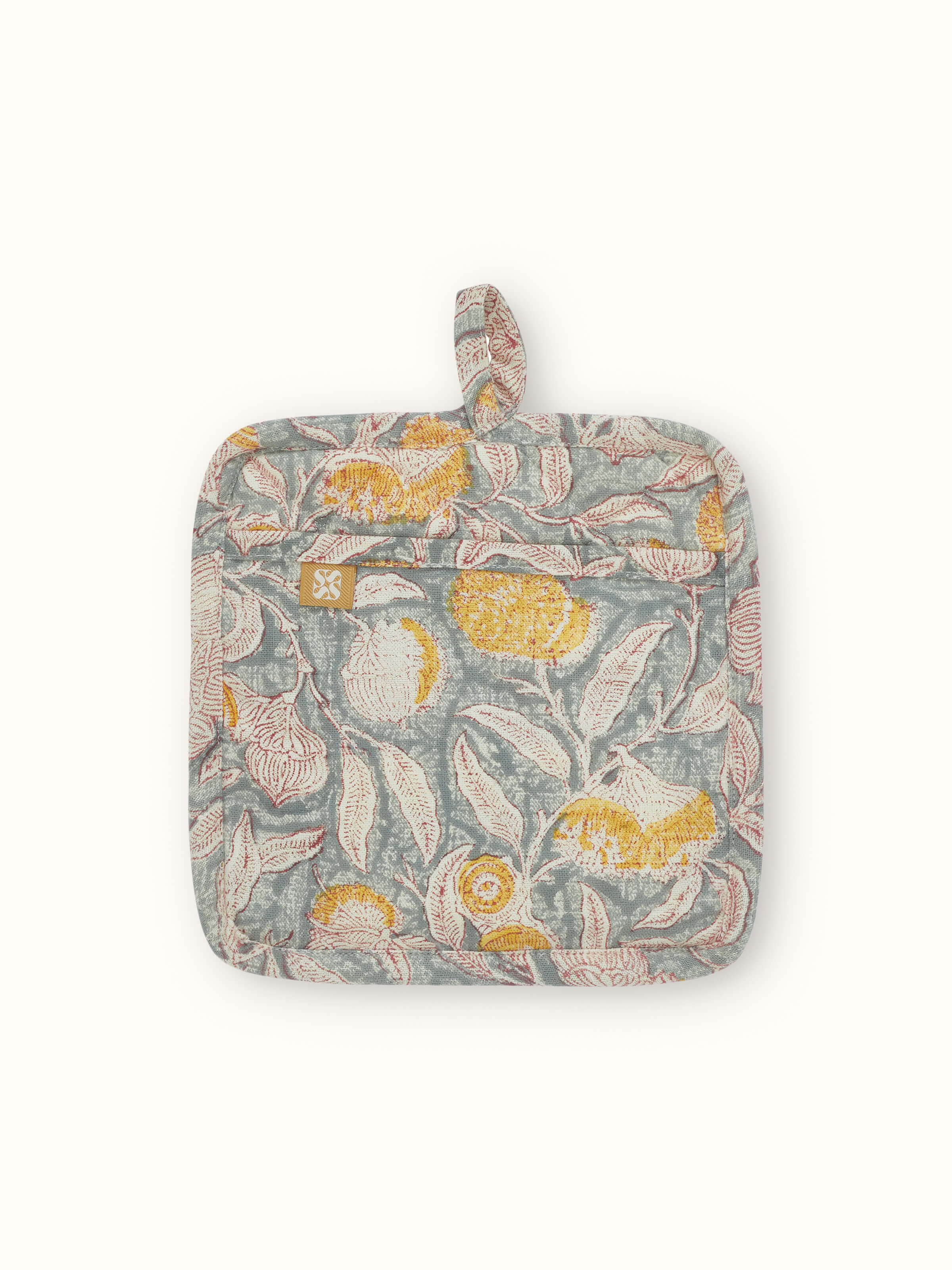 Detailed close-up of Samaha grey floral cotton Sanganeri block printed pot holder showing the floral pattern and block print detail.