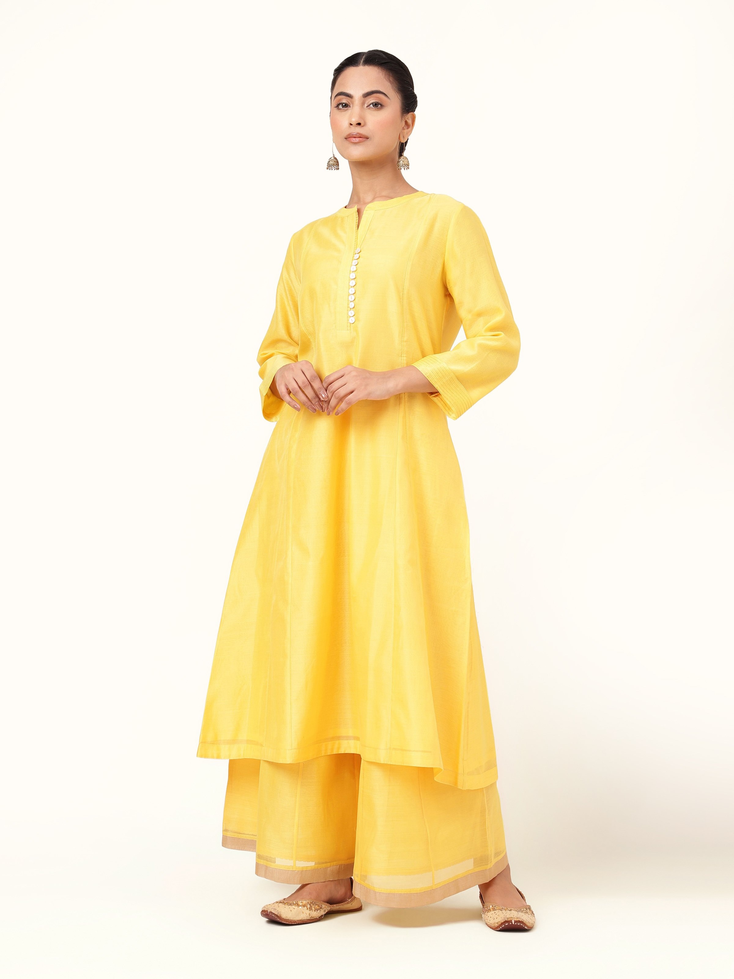 Front view of yellow cotton silk Chanderi kurta with subtle sheen and classic silhouette