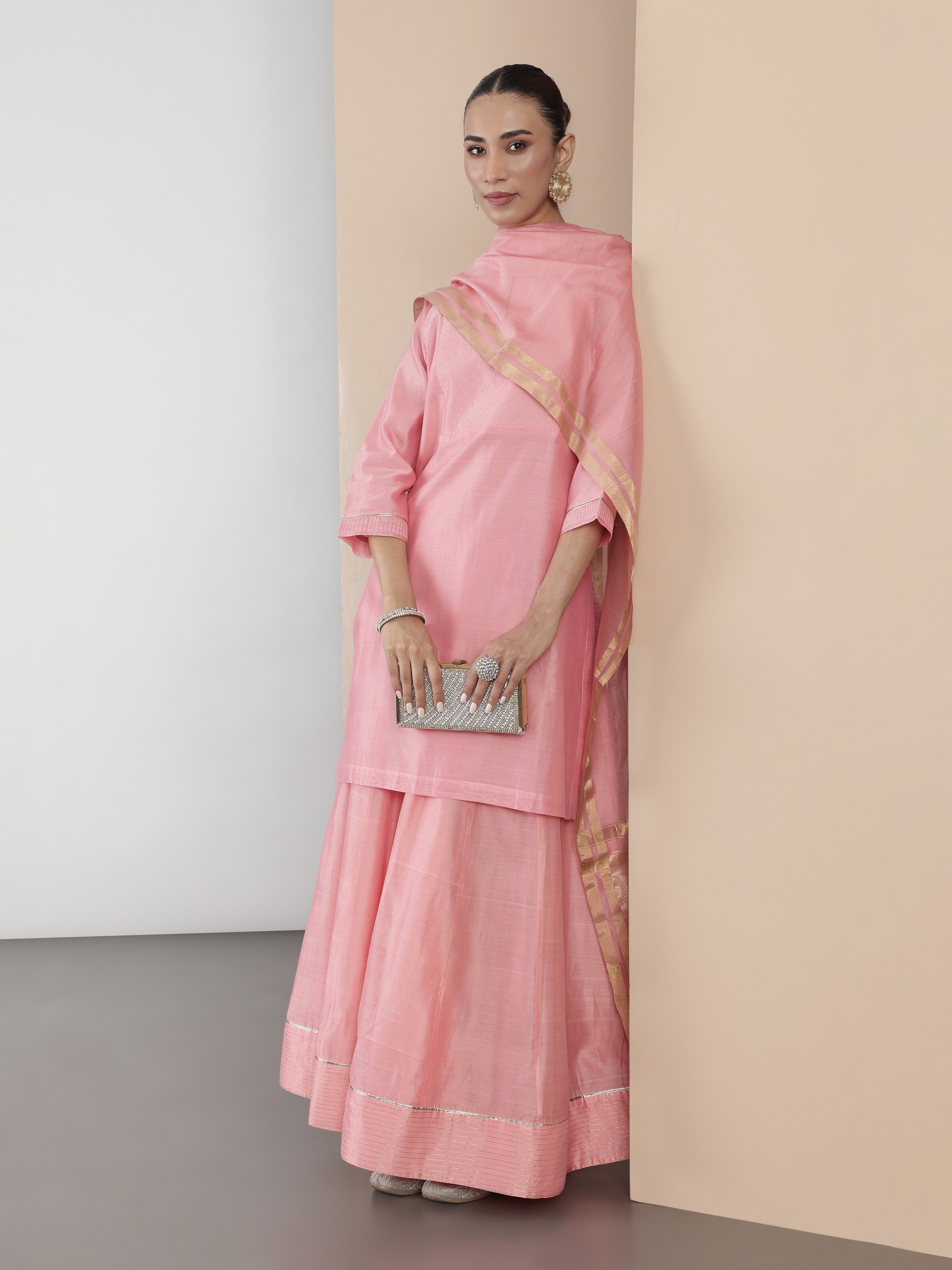 Pink Cotton Silk Chanderi Kalidar Skirt