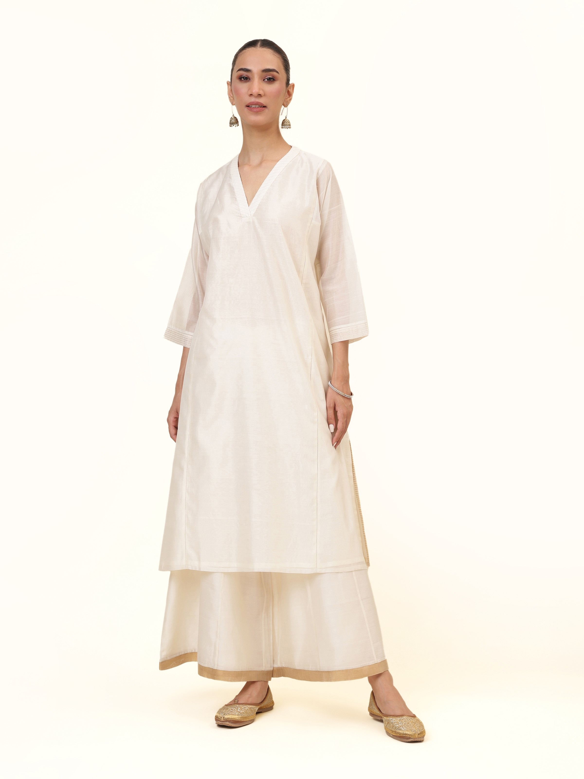 Front view capturing the subtle off-white cotton silk Chanderi fabric.