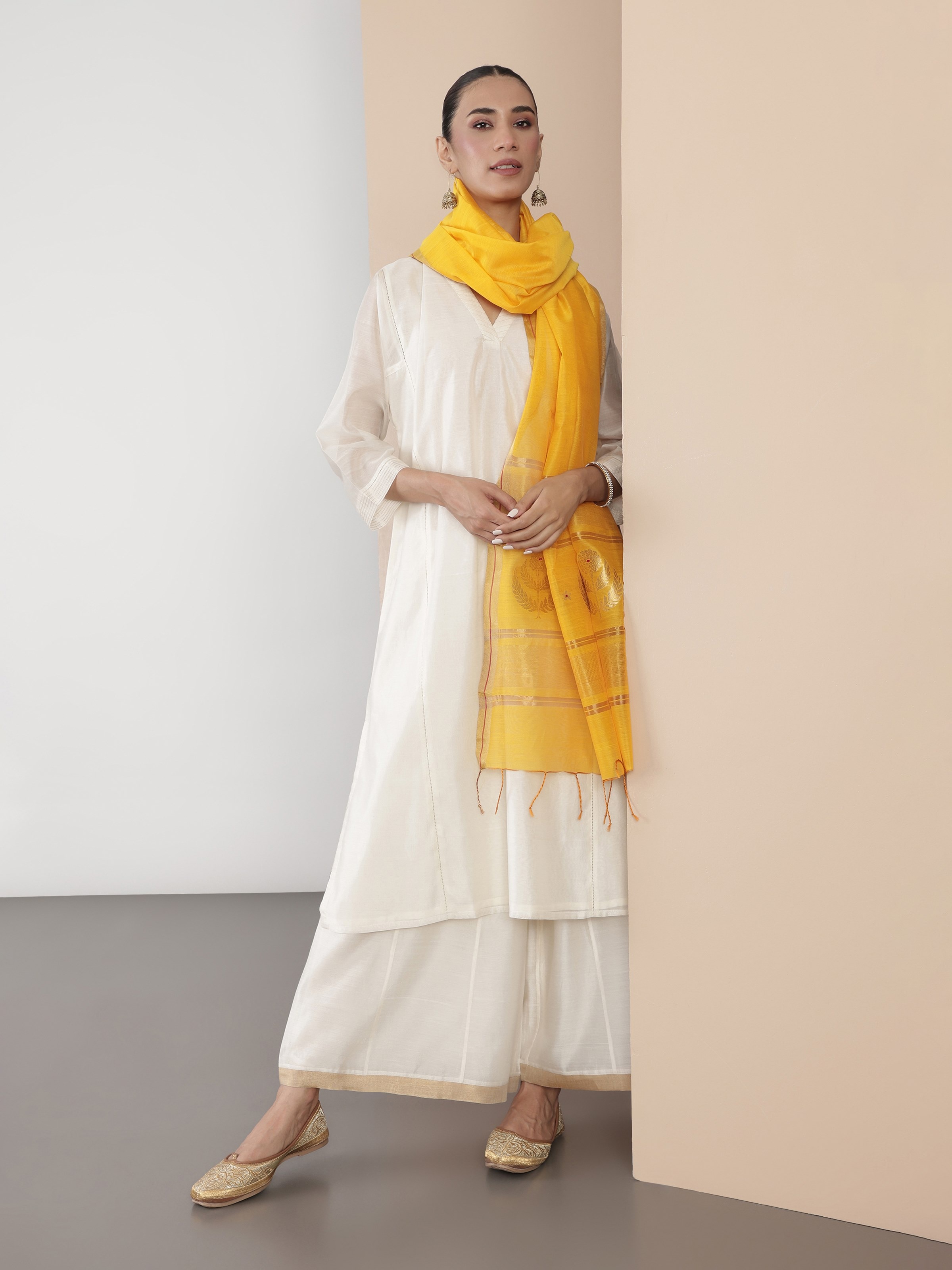 Lifestyle shot highlighting the collared V-neck style.