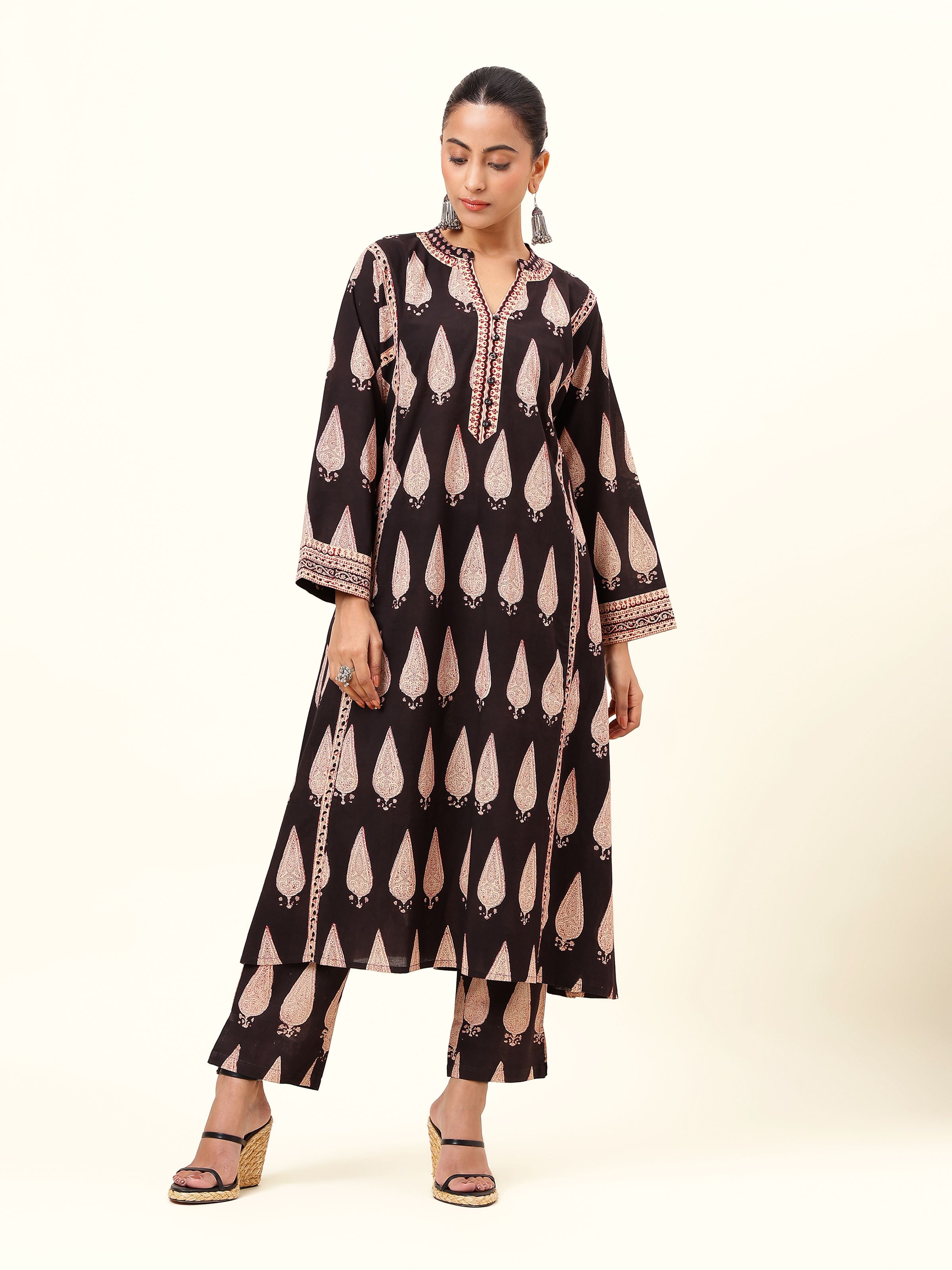 Black Bagru Block Printed Kurta with Side Pocket