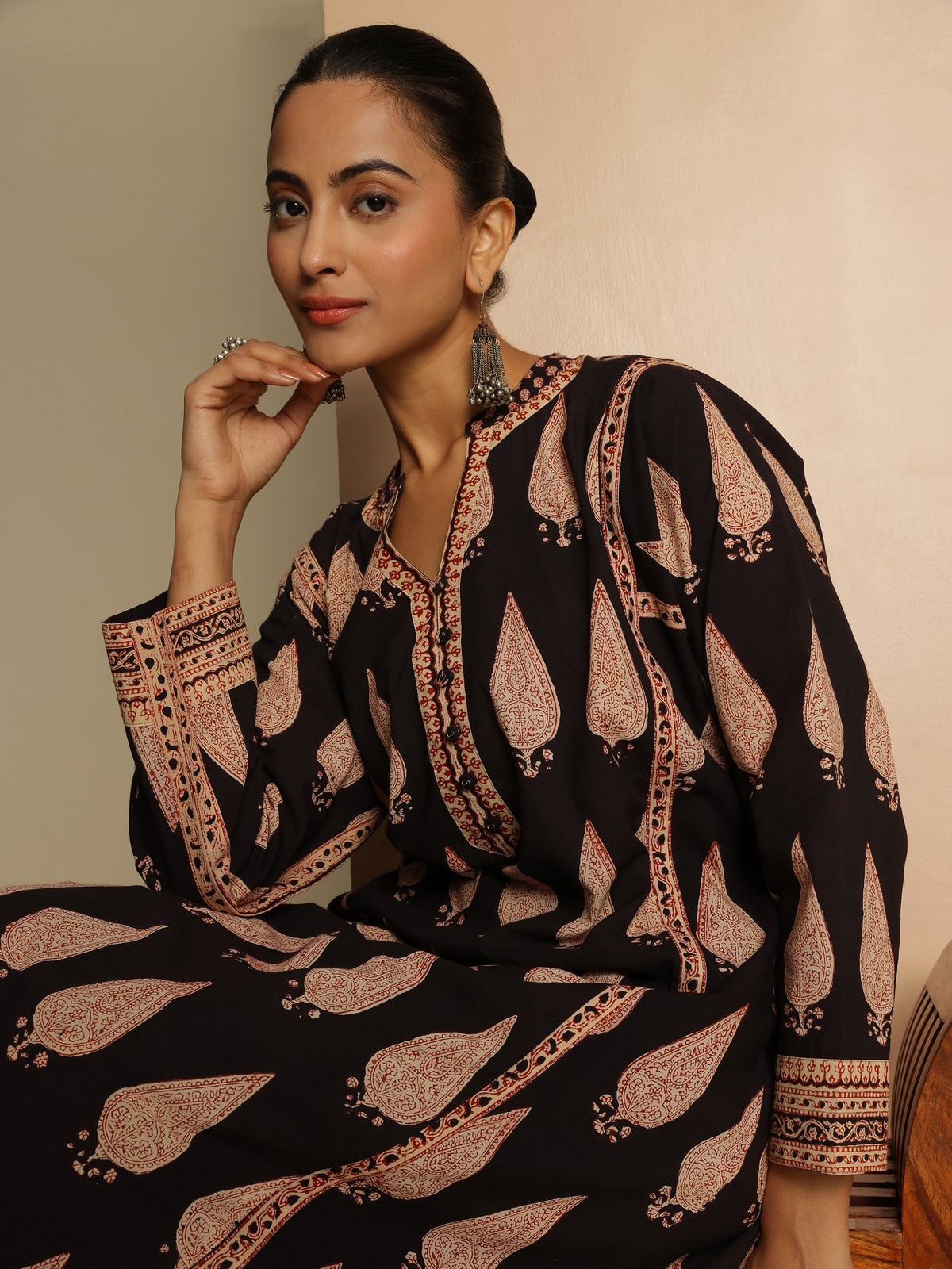 Black Bagru Block Printed Kurta with Side Pocket