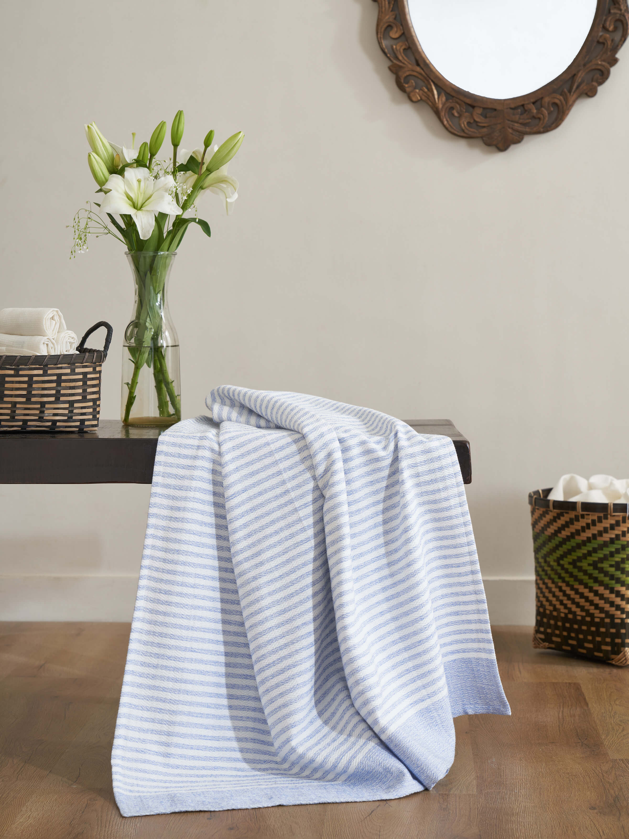 Close-up of Vayana Stripe Blue Stripe Cotton Bath Towel (XL) highlighting the soft cotton texture and stripe pattern