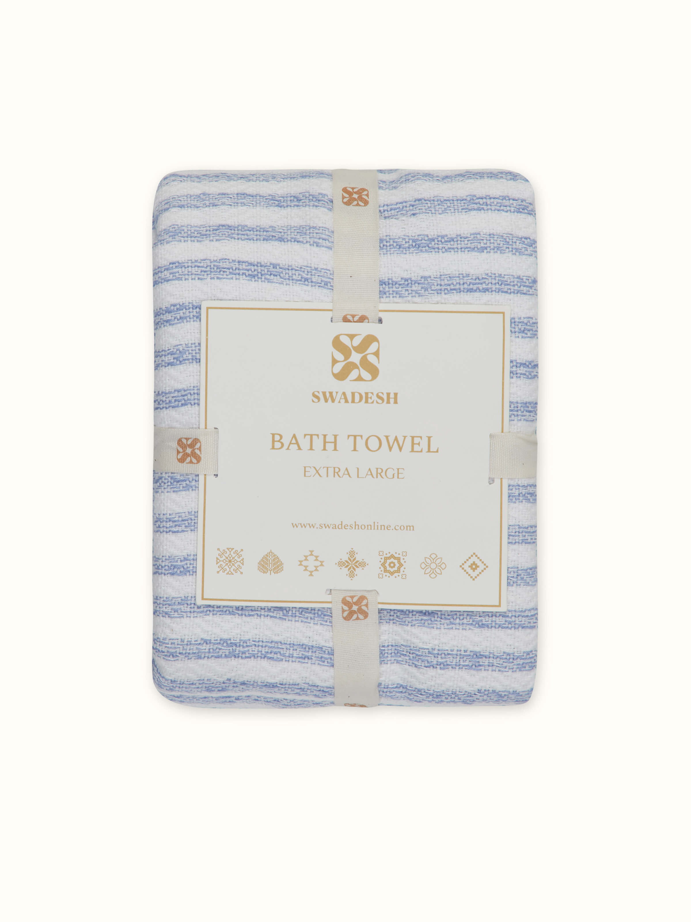 Flat lay of Vayana Stripe Blue Stripe Cotton Bath Towel (XL) showcasing the overall stripe pattern and soft cotton fabric