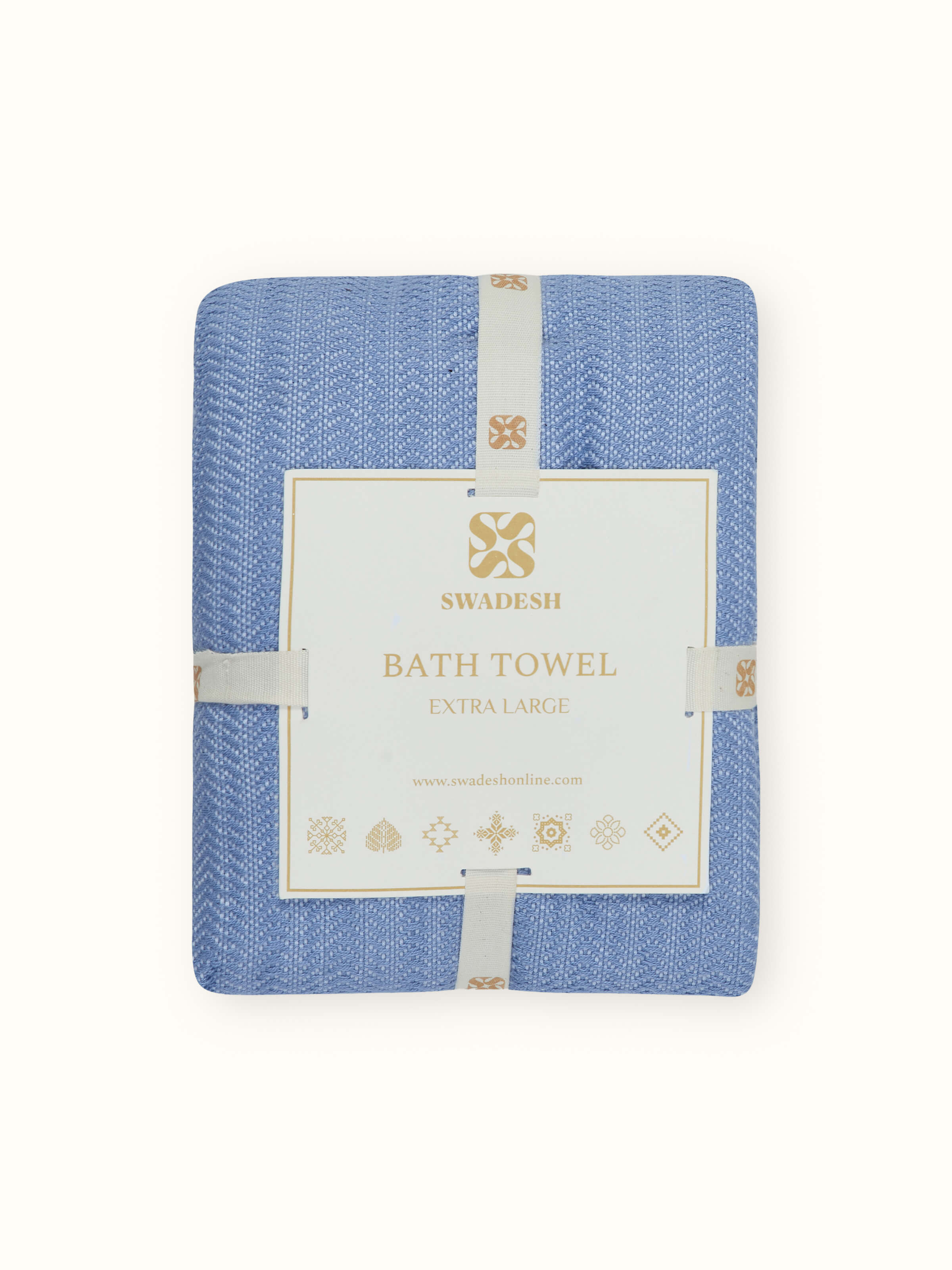 Detailed view of the Vayana solid blue stripe cotton bath towel (XL), emphasizing the quality and comfort of the cotton material.