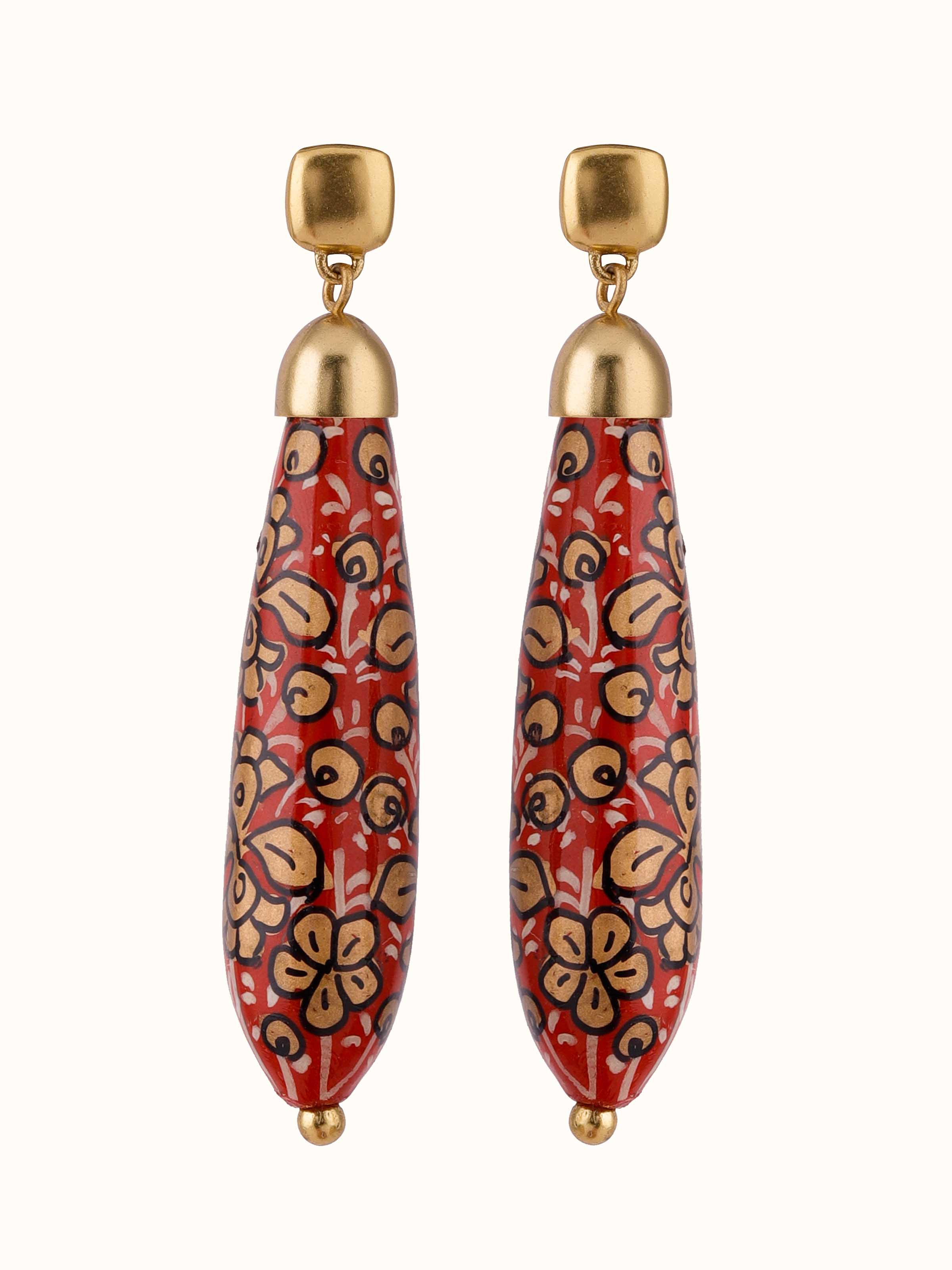 Front view of Papier-mâché Drop Earrings featuring artistic design with vibrant colors and intricate detailing.