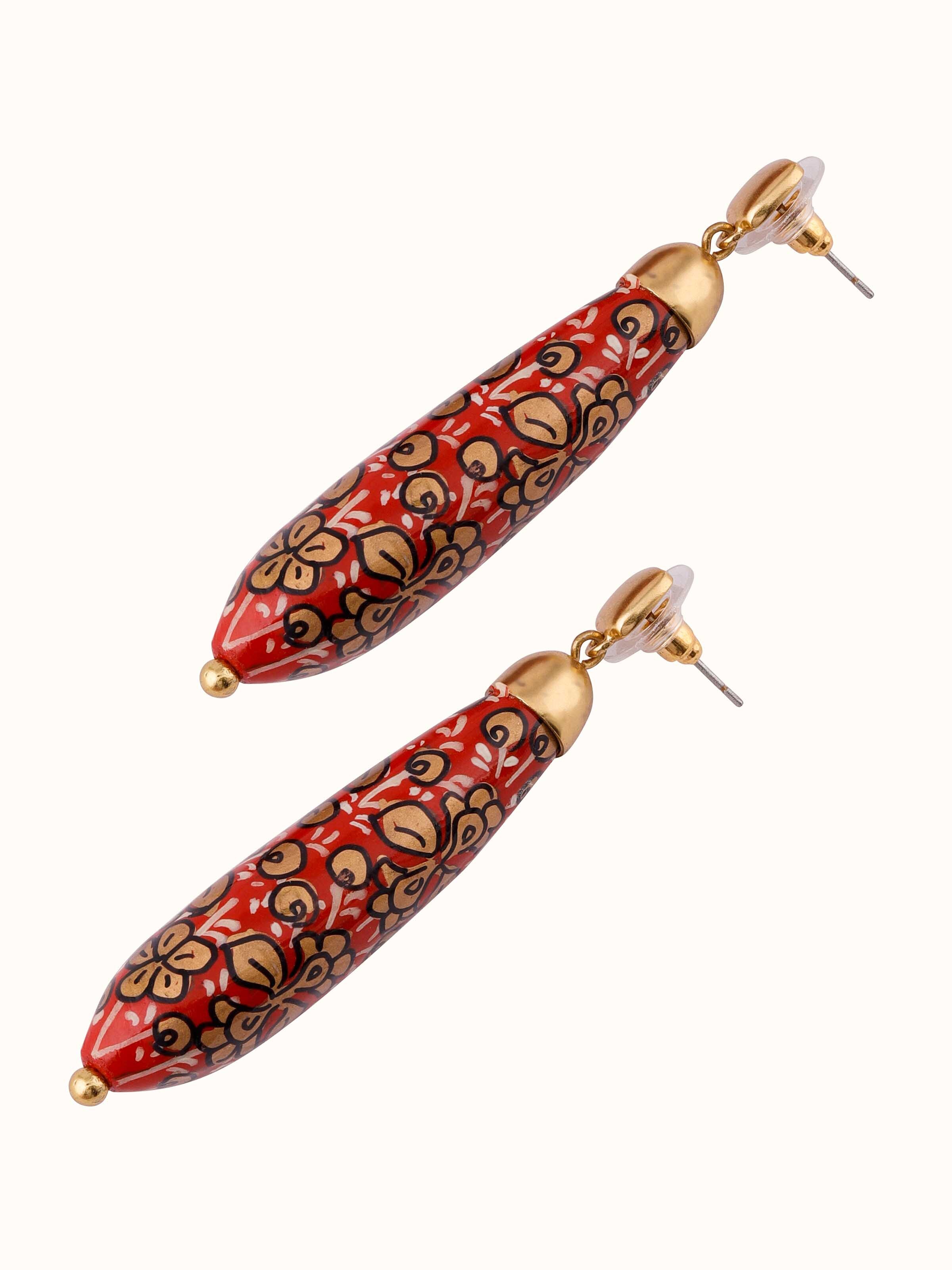 Angled view of Papier-mâché Drop Earrings highlighting the artistic drop design and detailed paper work.