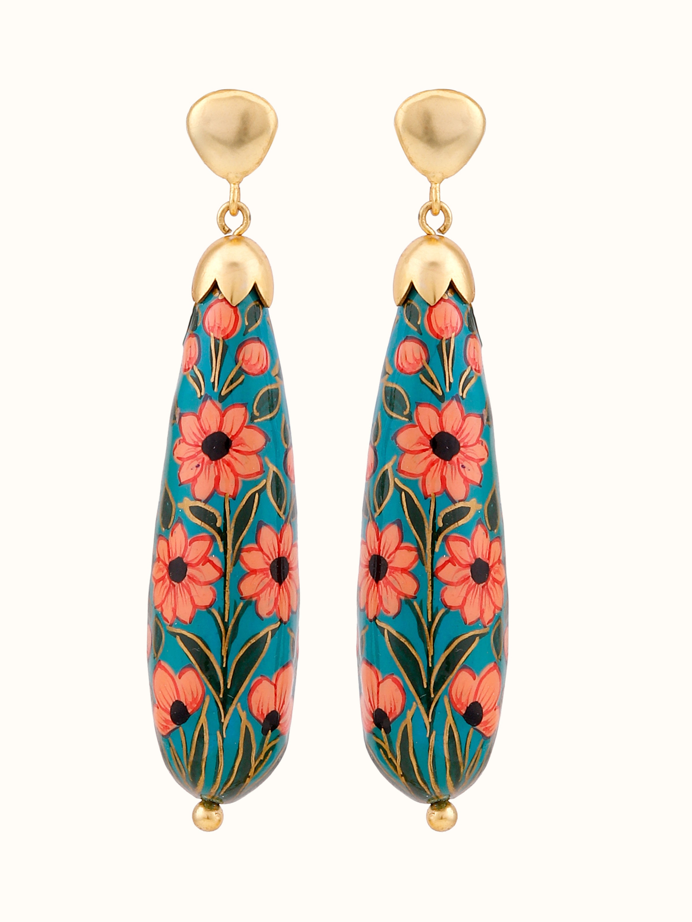Front view of papier-mâché drop earrings showcasing their vibrant colors and artistic design.