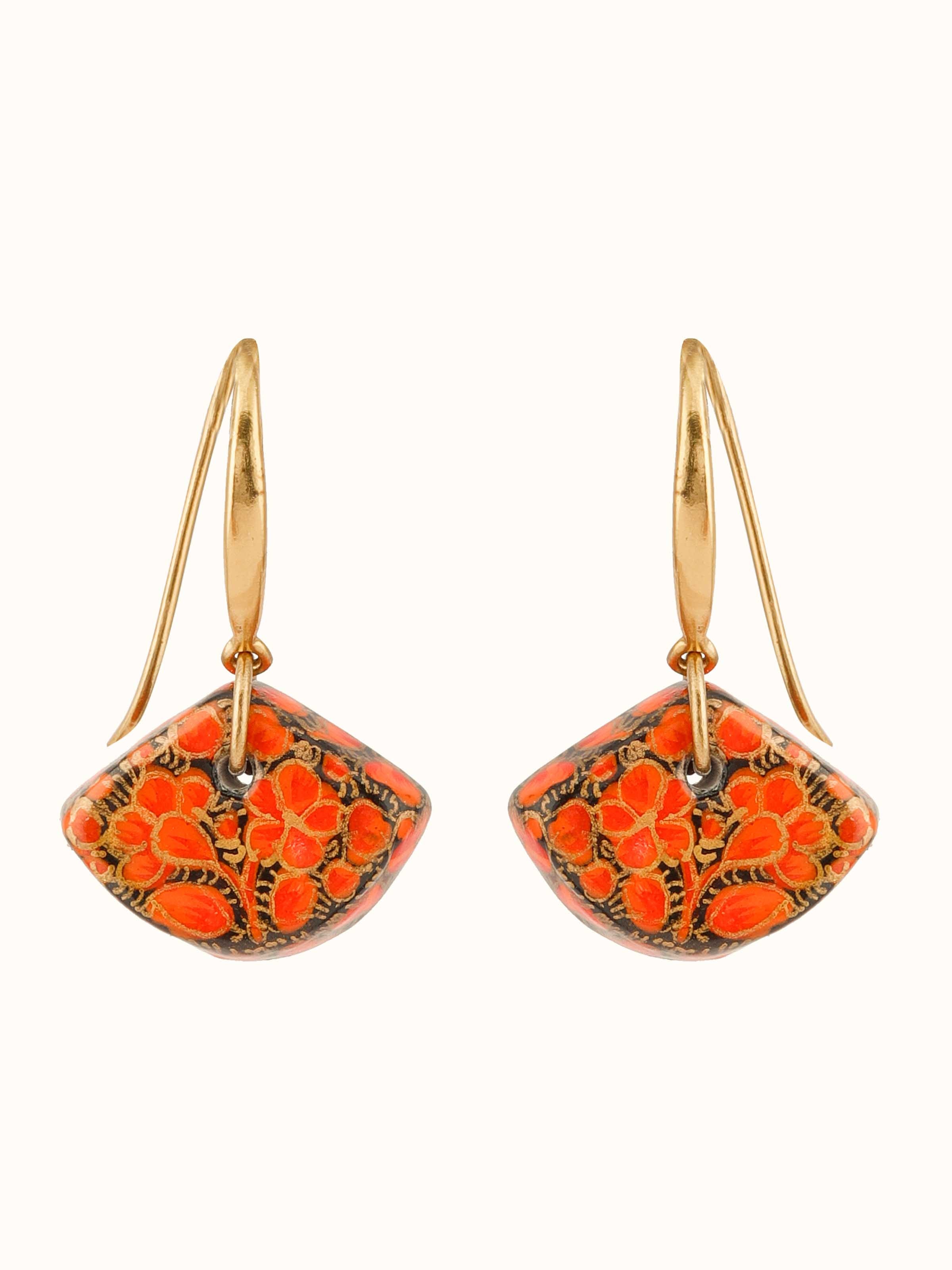 Front view of Papier-mâché Drop Earrings featuring vibrant colors and intricate patterns