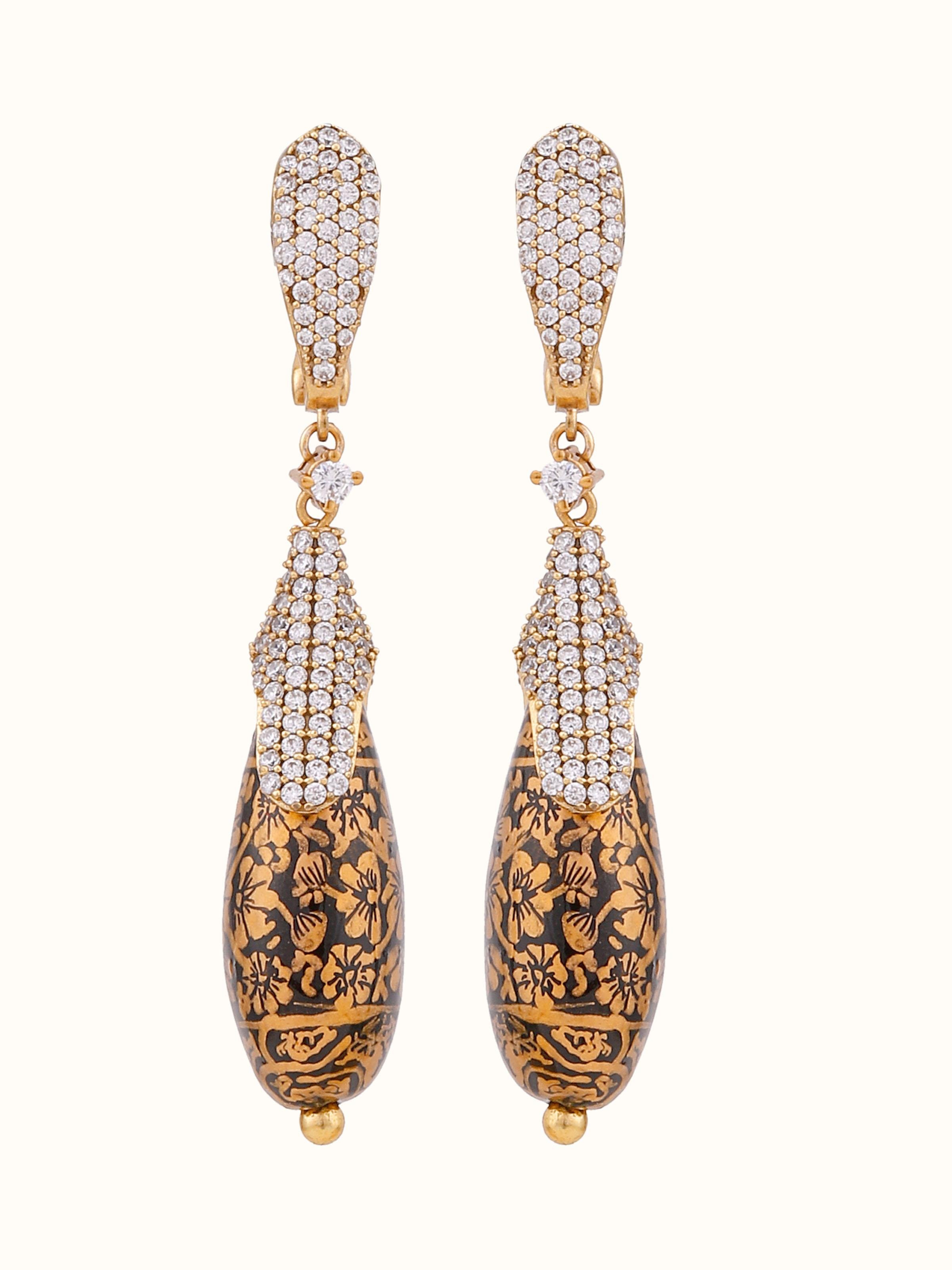 Front view of Papier-mâché Drop Earrings featuring vibrant colors and intricate paper-mâché design.