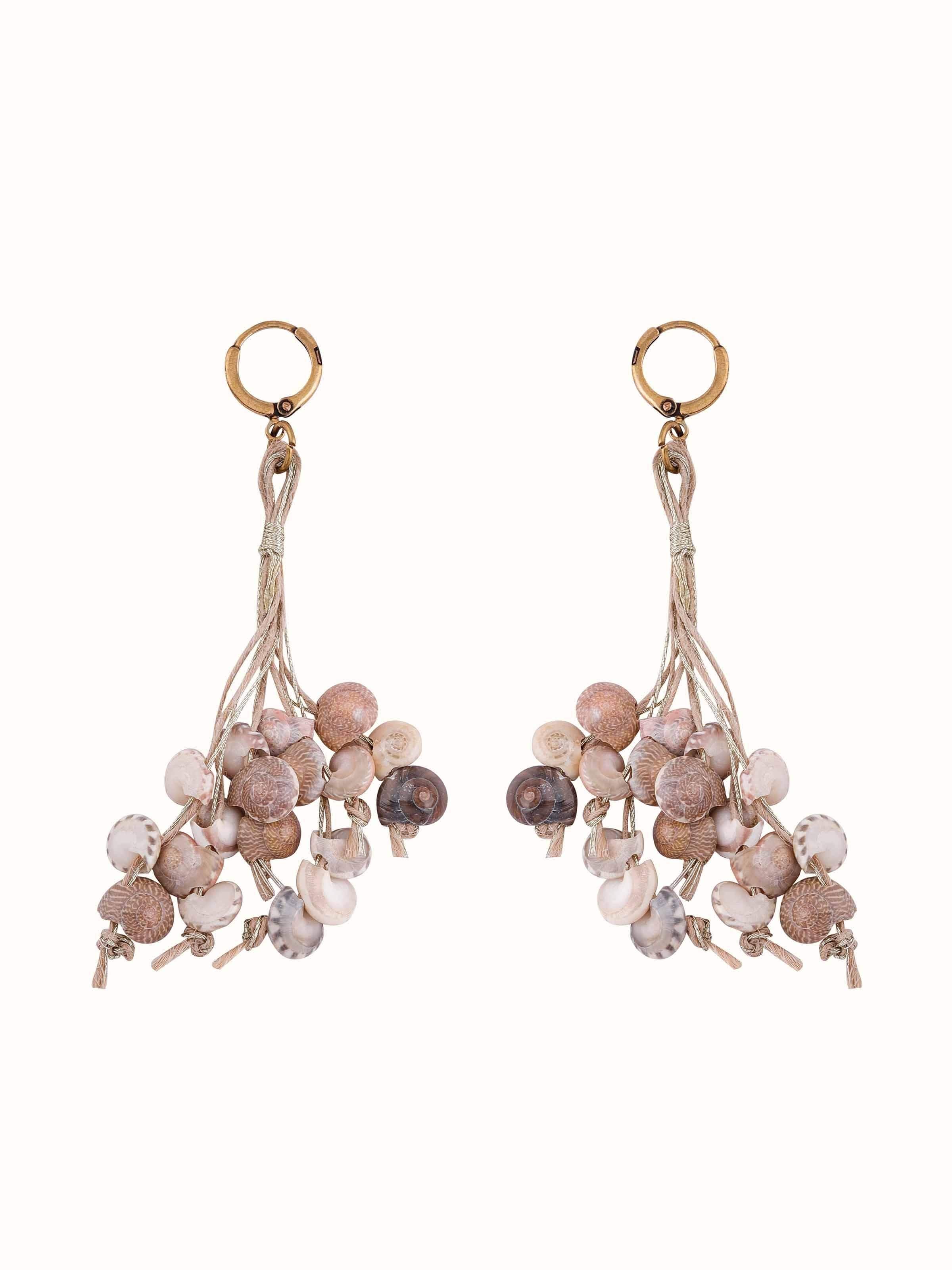 Front view of Cowrie Shell Drop Earrings featuring natural shell elements and elegant design.