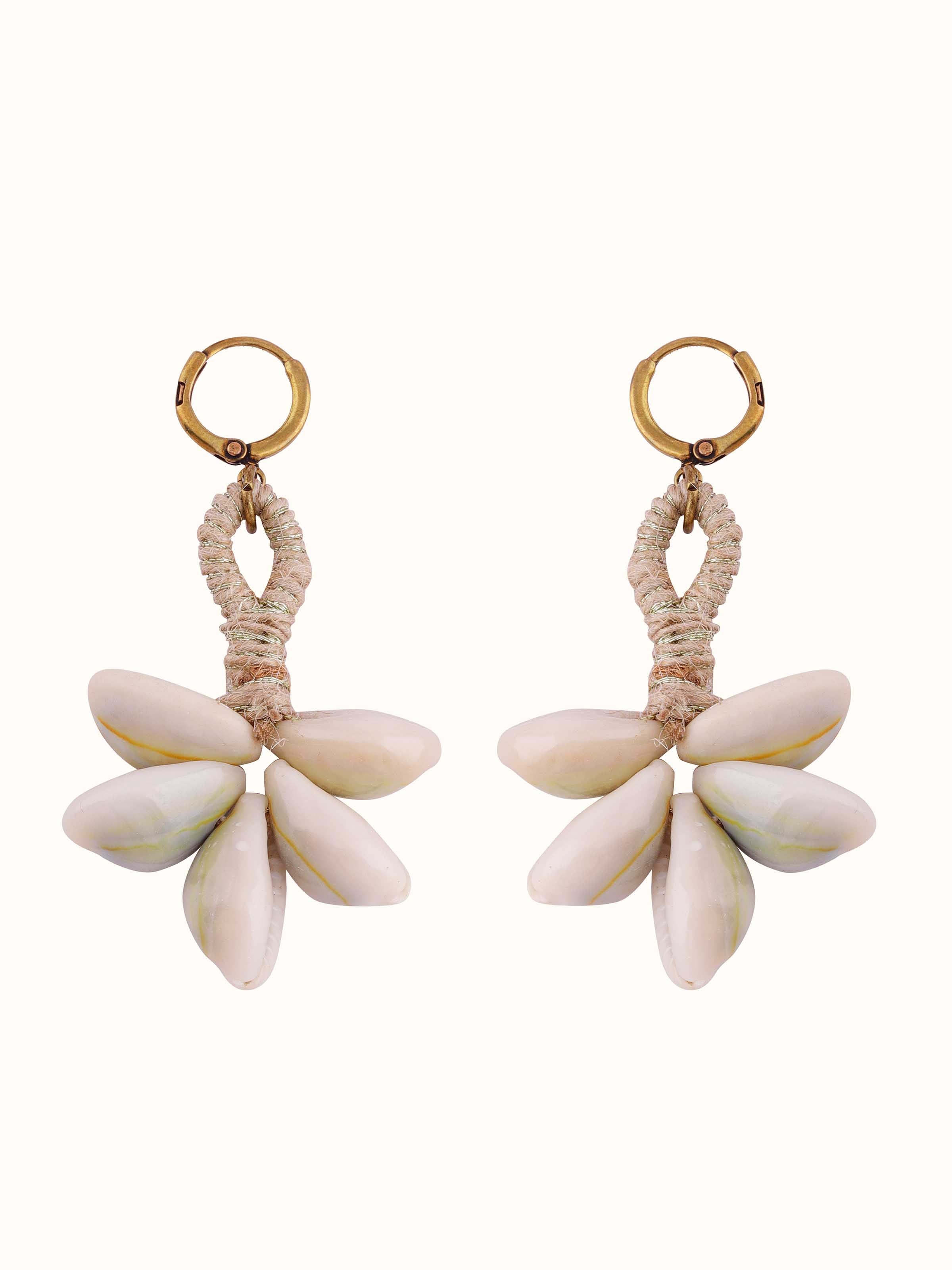 Front view of Cowrie Shell Drop Earrings featuring natural shell elements and elegant design.