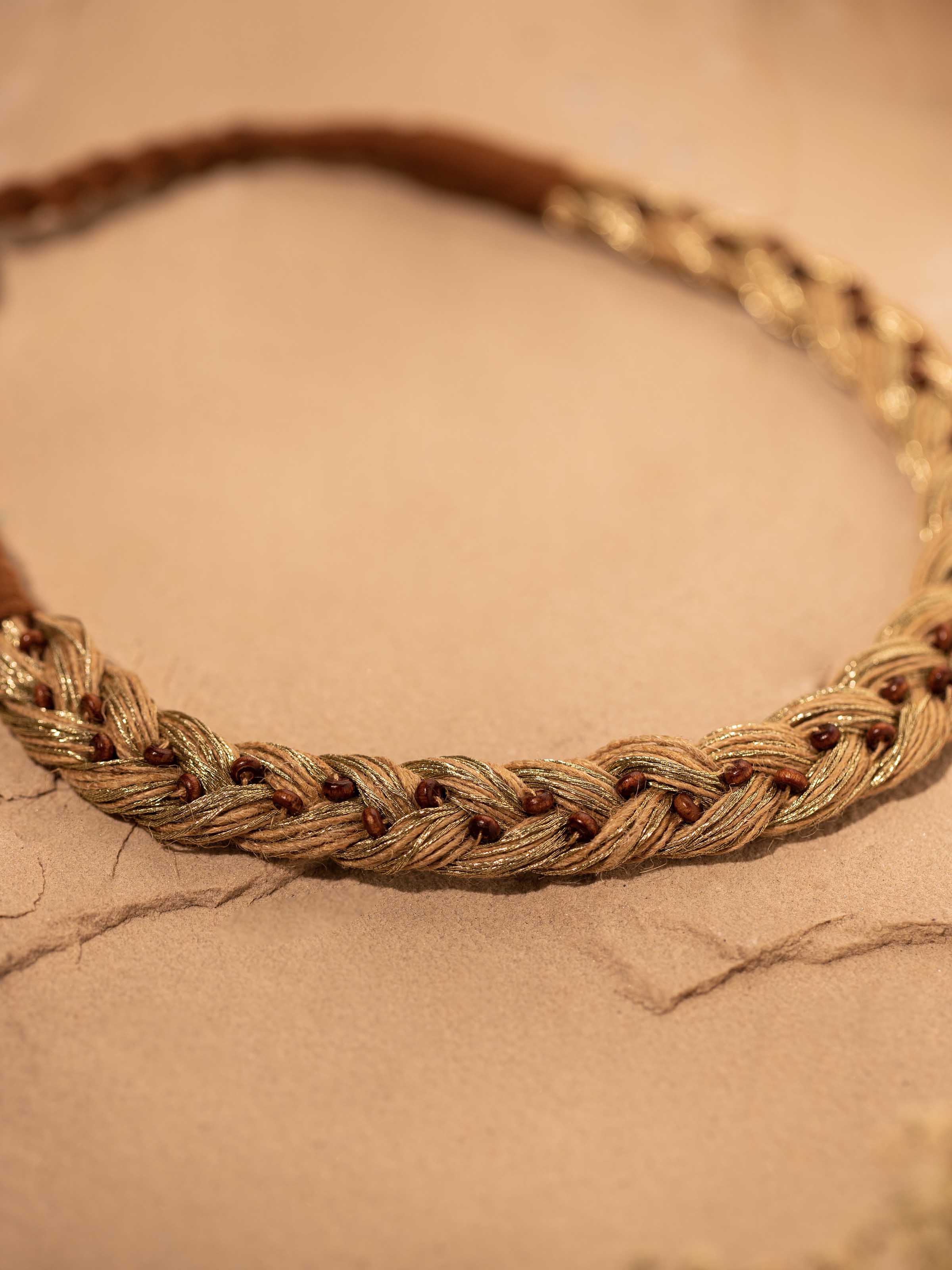 Detailed view of Jute jewellery collar necklace focusing on its intricate craftsmanship and texture.