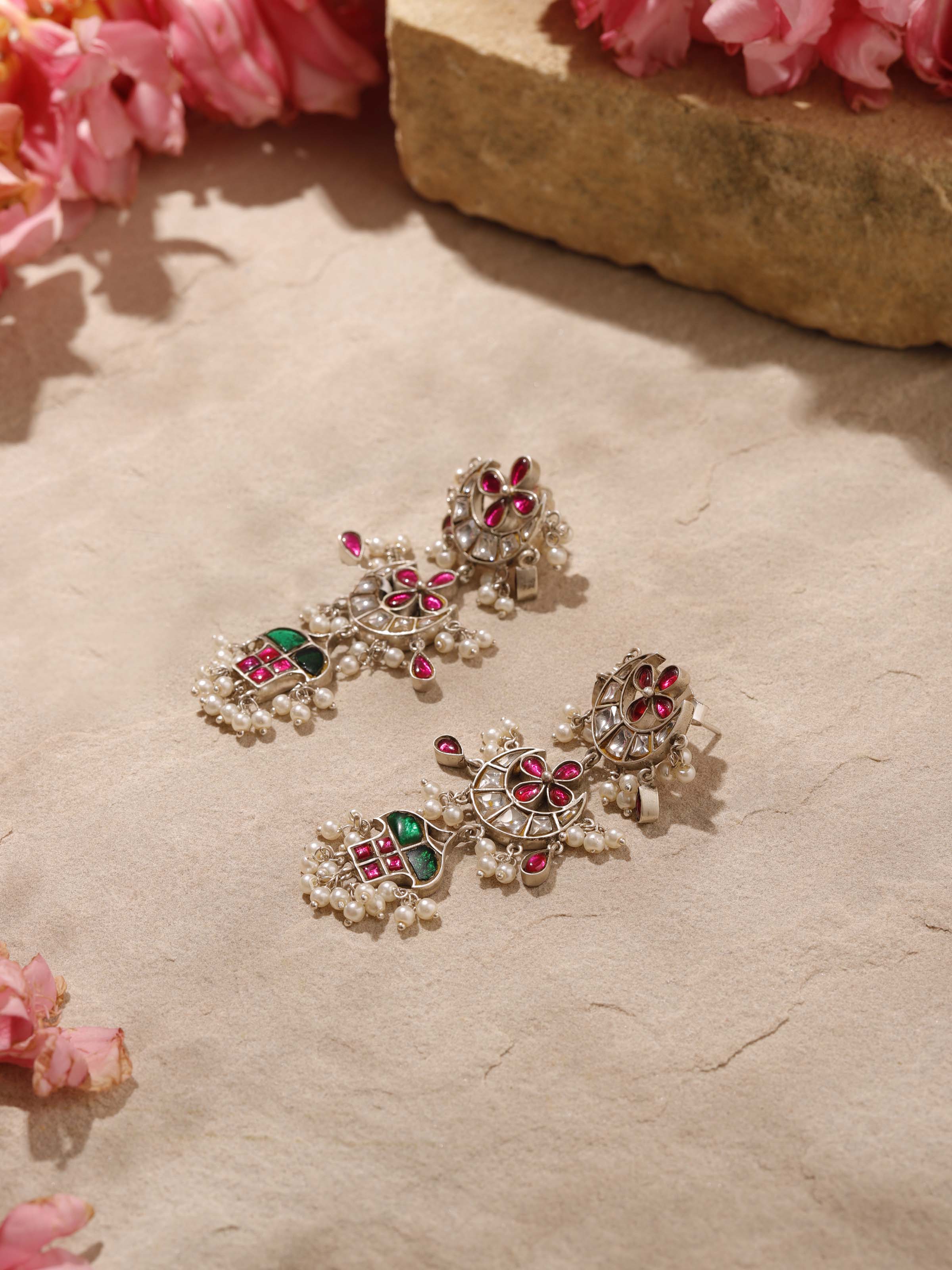 Angled view of Silver Smithing Drop Earrings emphasizing the design and silver finish.