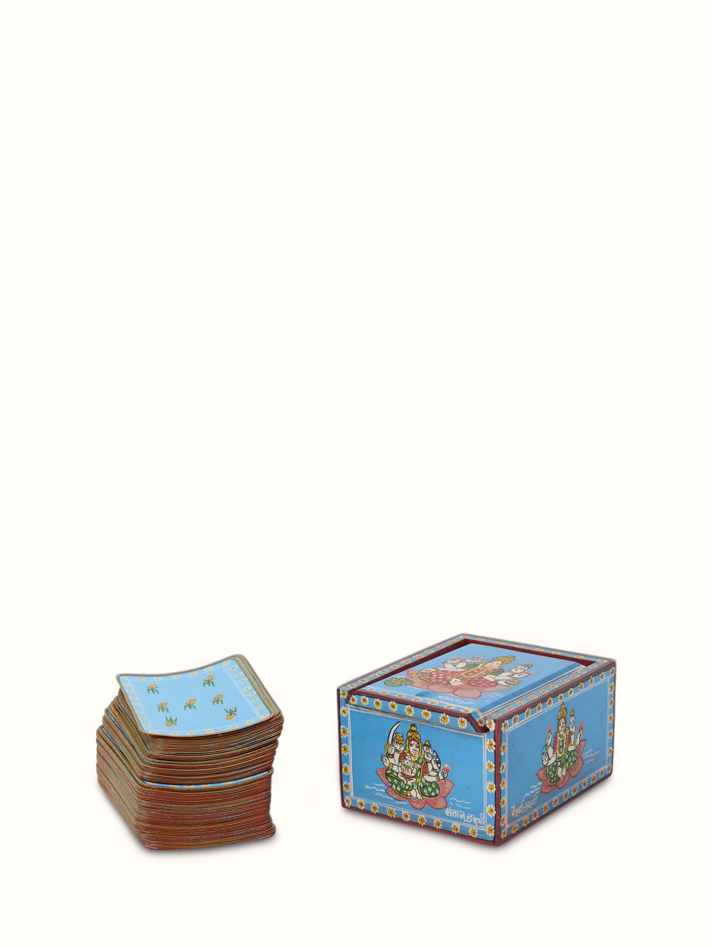 Front view of Ganjifa paper cards blue set (108 pcs) showcasing vibrant colors and traditional design
