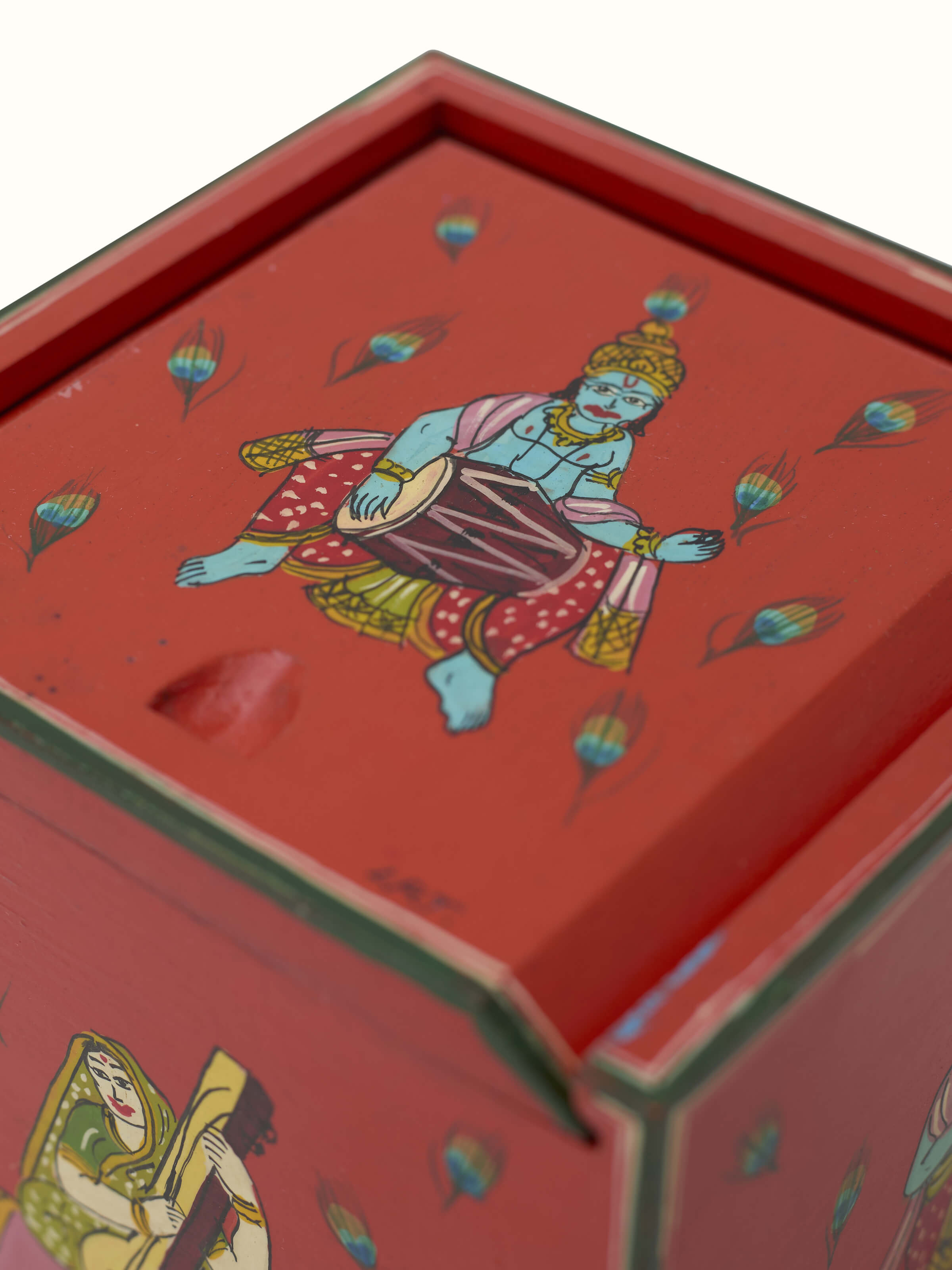 Close-up of Ganjifa paper cards in red, featuring detailed traditional designs and high-quality paper, set of 120 cards, Swadesh