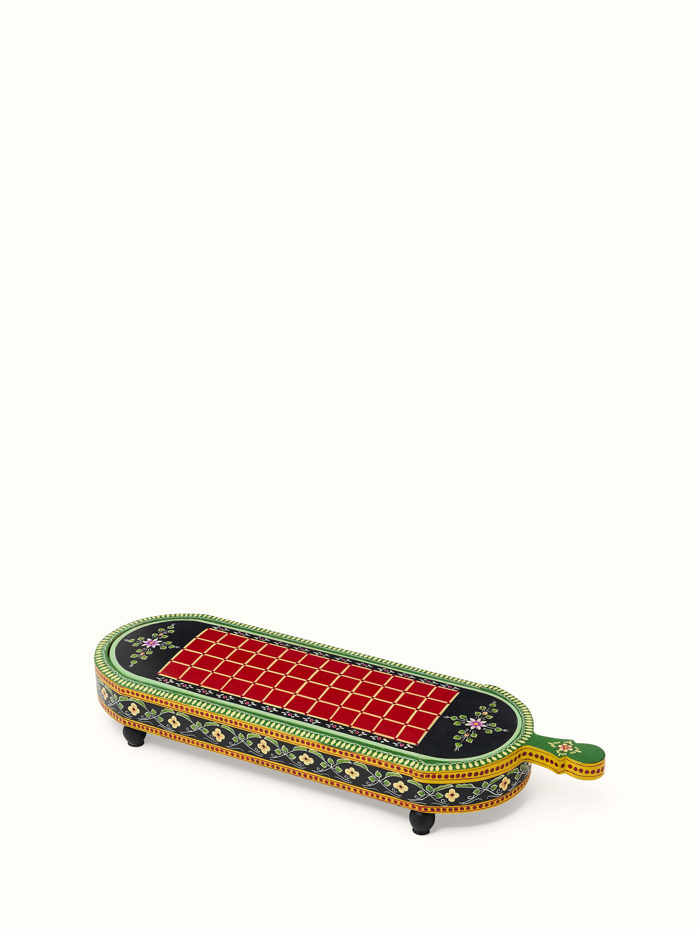 Front view of Ganjifa cedar wood 6-in-1 board game in red with multiple game options displayed