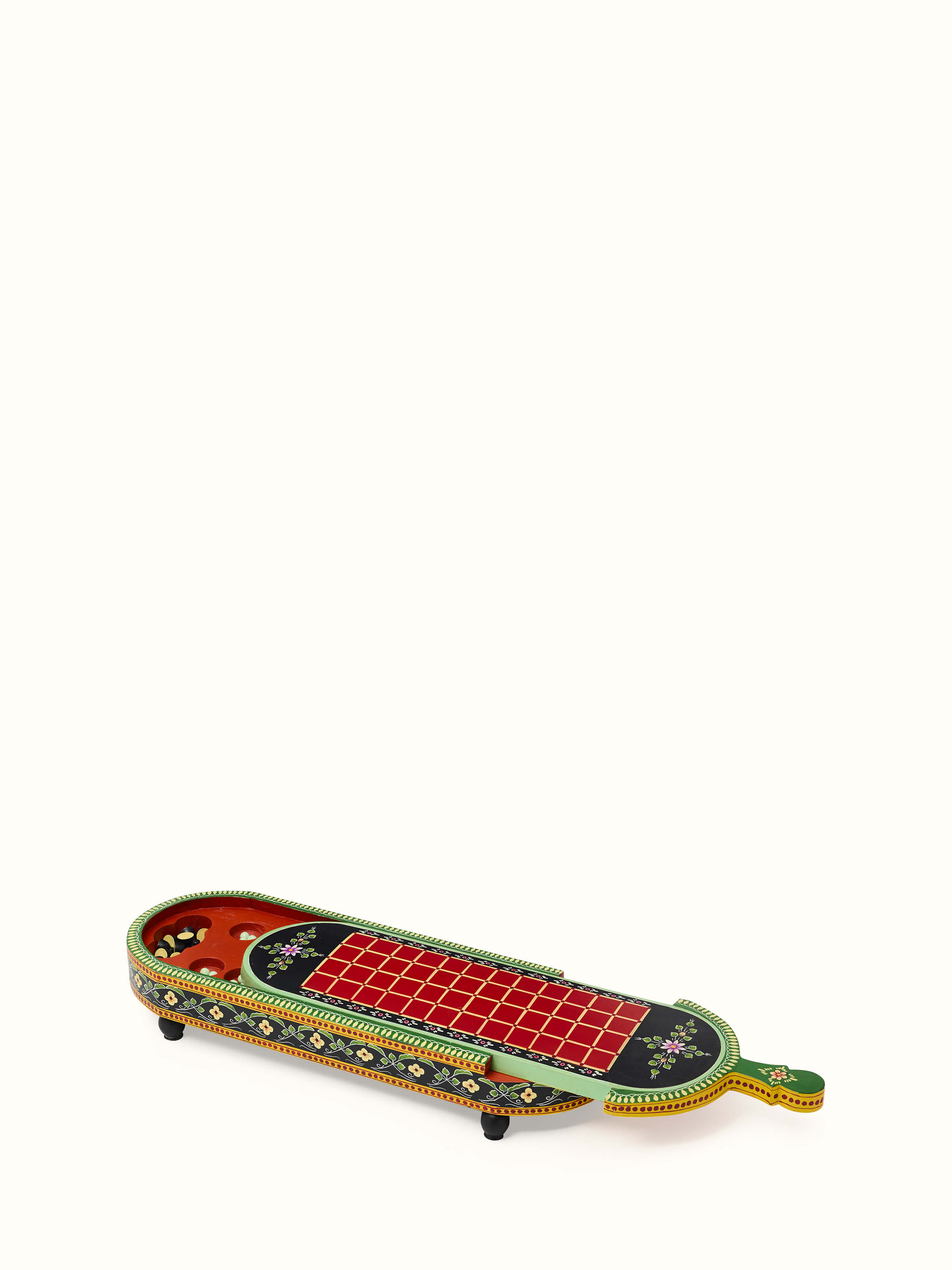 Detailed view of Ganjifa cedar wood 6-in-1 board game in red with visible game pieces