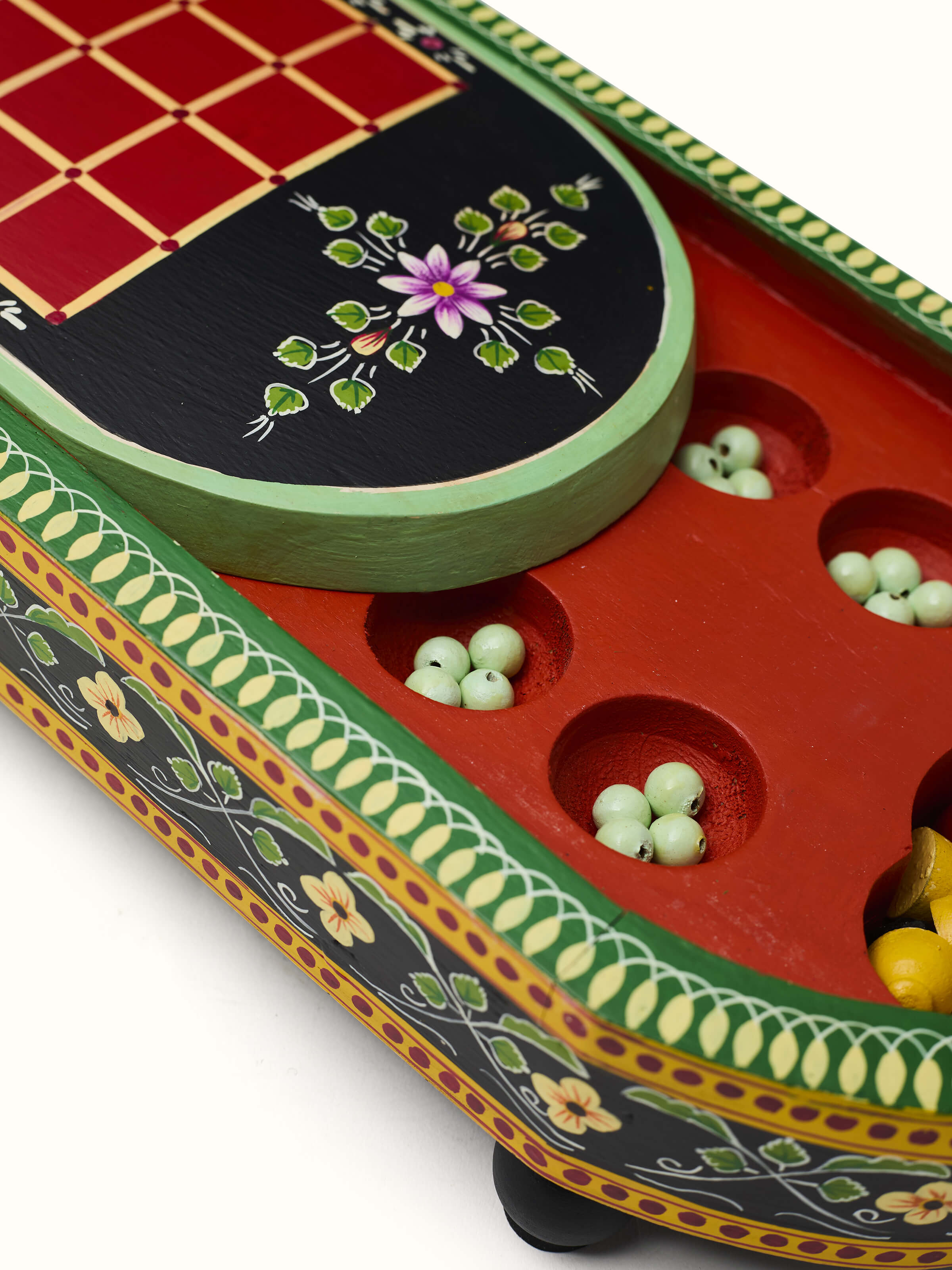 Open view of Ganjifa cedar wood 6-in-1 board game in red with all game elements visible