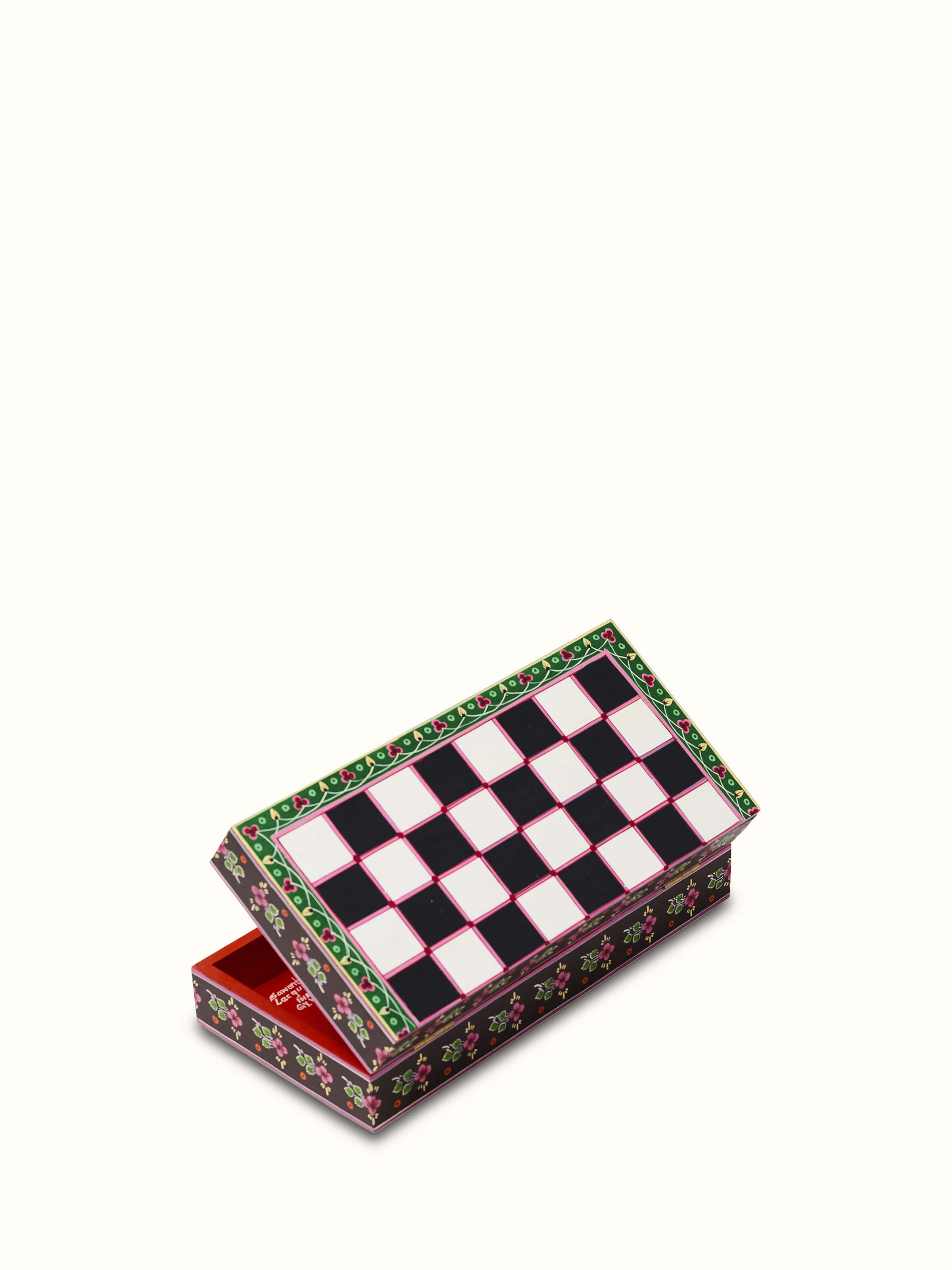 Front view of Ganjifa Cedar Wood Chess Set highlighting traditional design and intricate detailing.