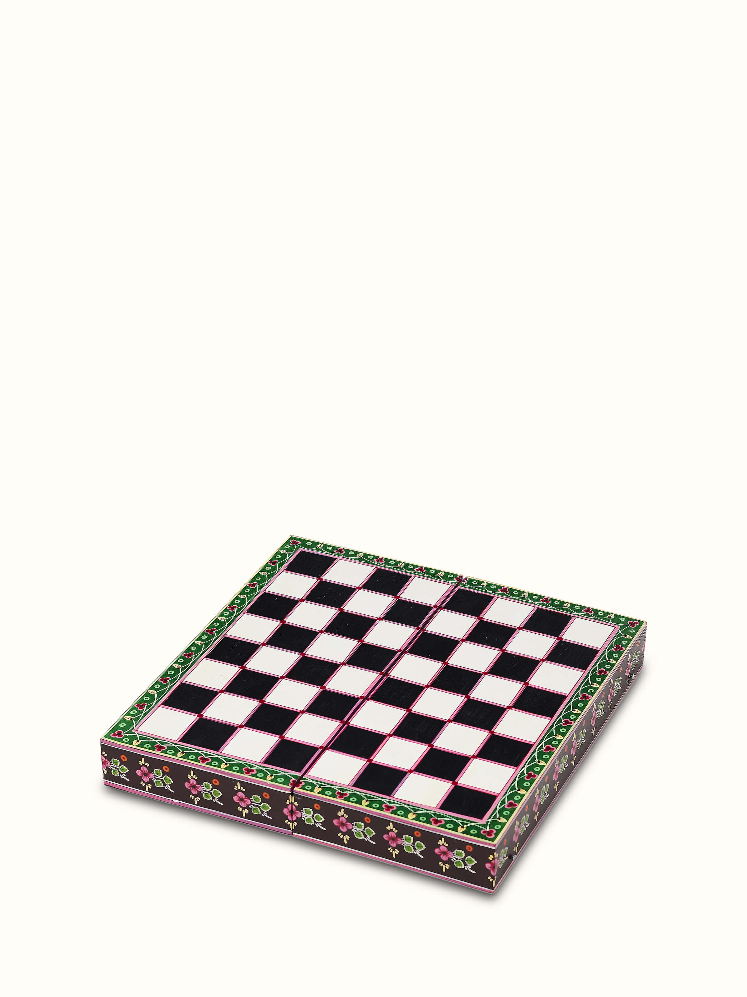 Top view of Ganjifa Cedar Wood Chess Set showcasing the detailed woodwork and chessboard layout.