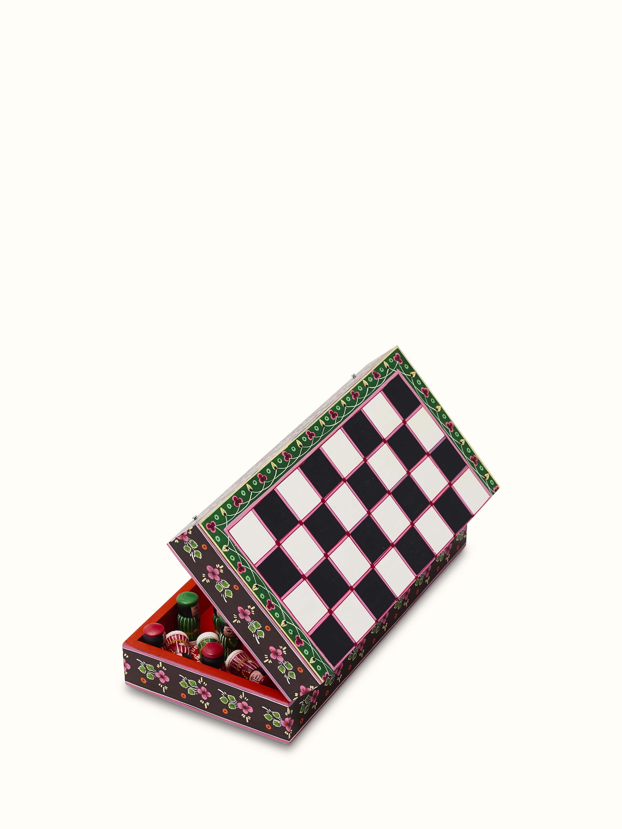 Side view of Ganjifa Cedar Wood Chess Set emphasizing the elegant wood grain and craftsmanship.