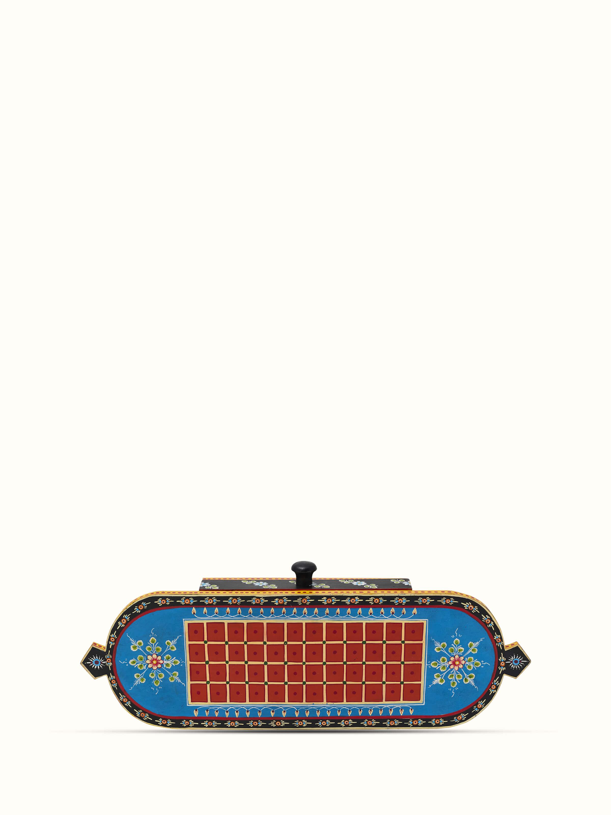 Front view of Ganjifa Cedar Wood 5-in-1 Board Game Blue with detailed craftsmanship
