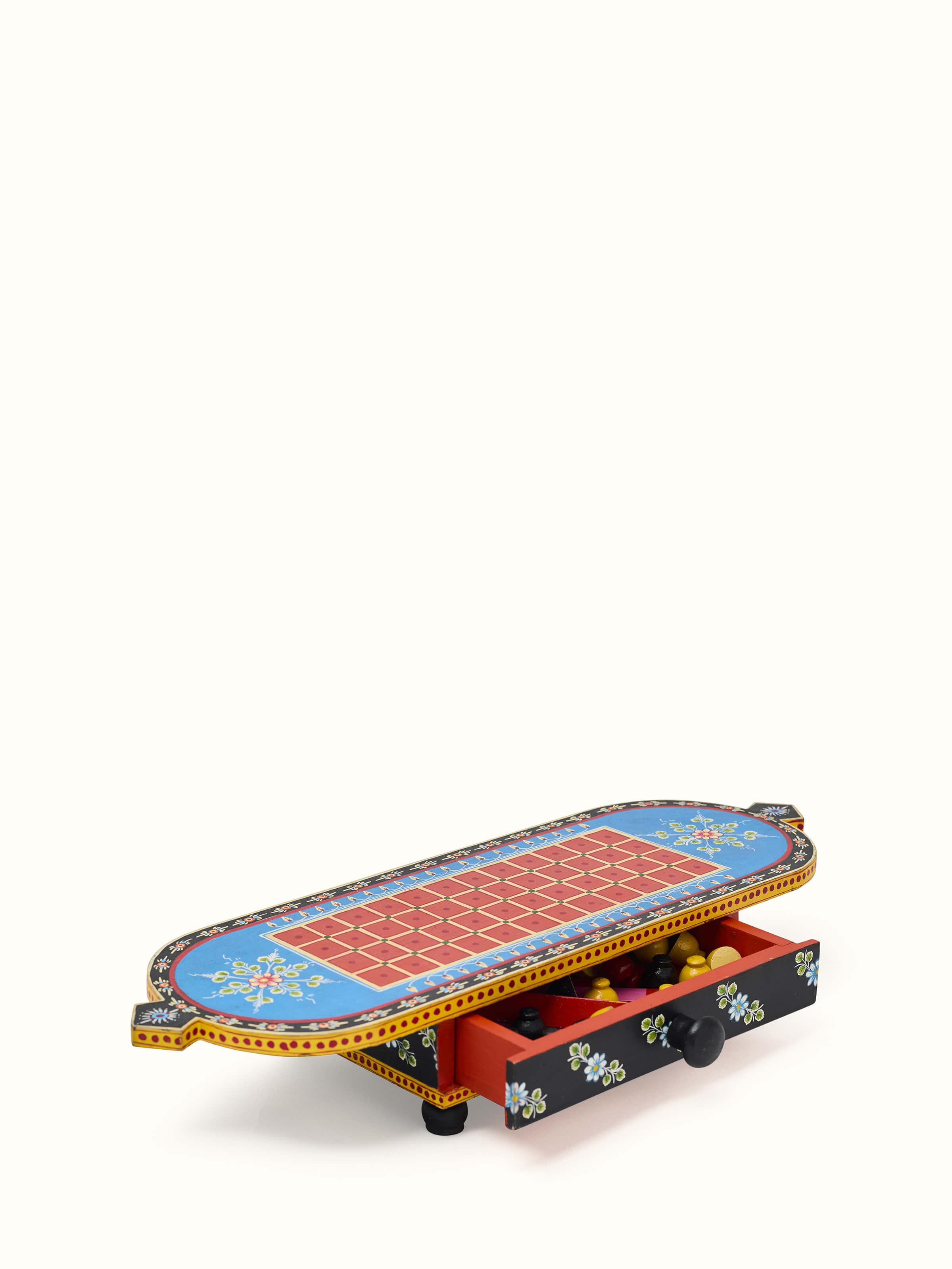 Side view of Ganjifa Cedar Wood 5-in-1 Board Game Blue showcasing design and functionality