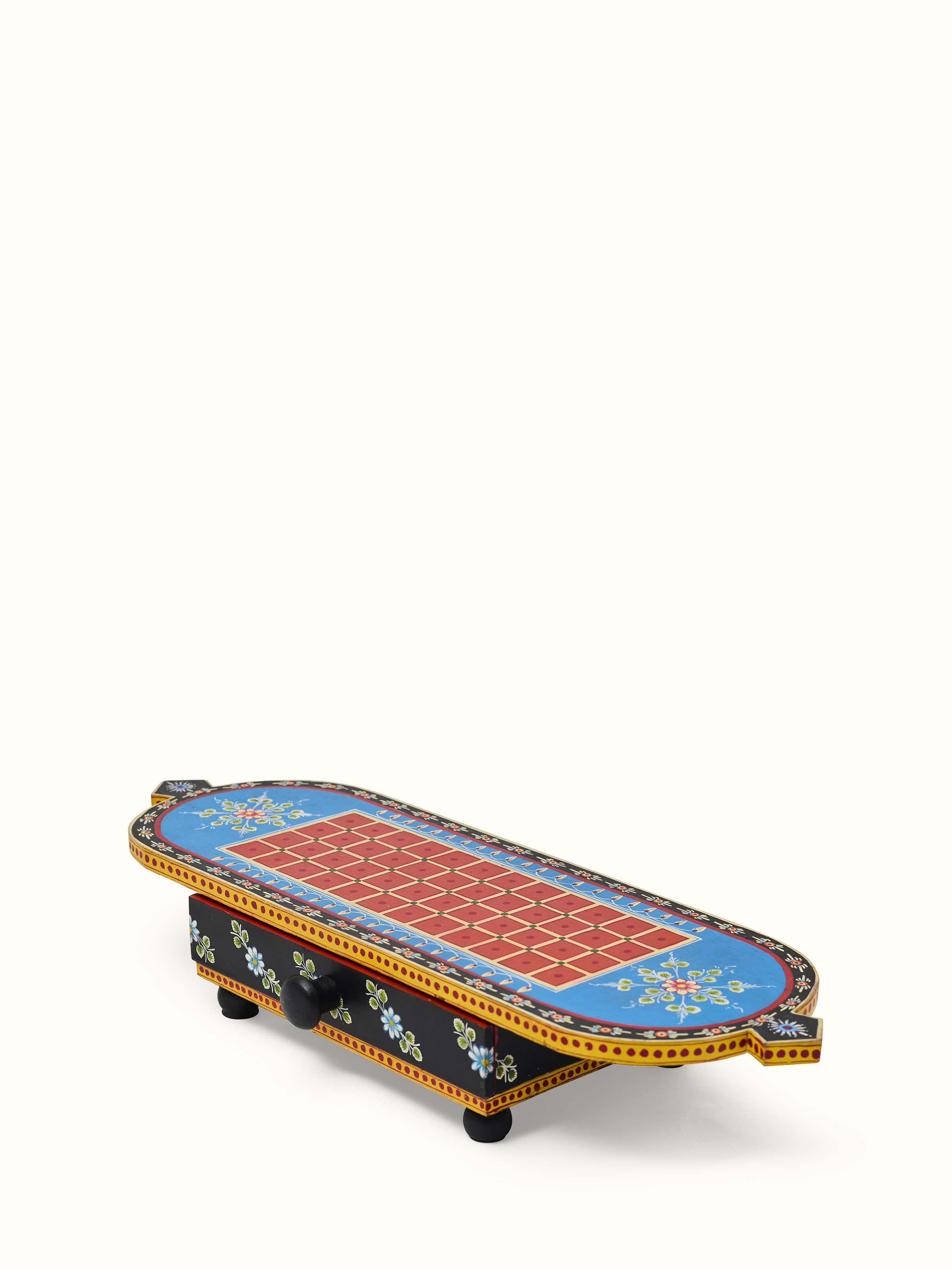 Detailed view of Ganjifa Cedar Wood 5-in-1 Board Game Blue highlighting the intricate design