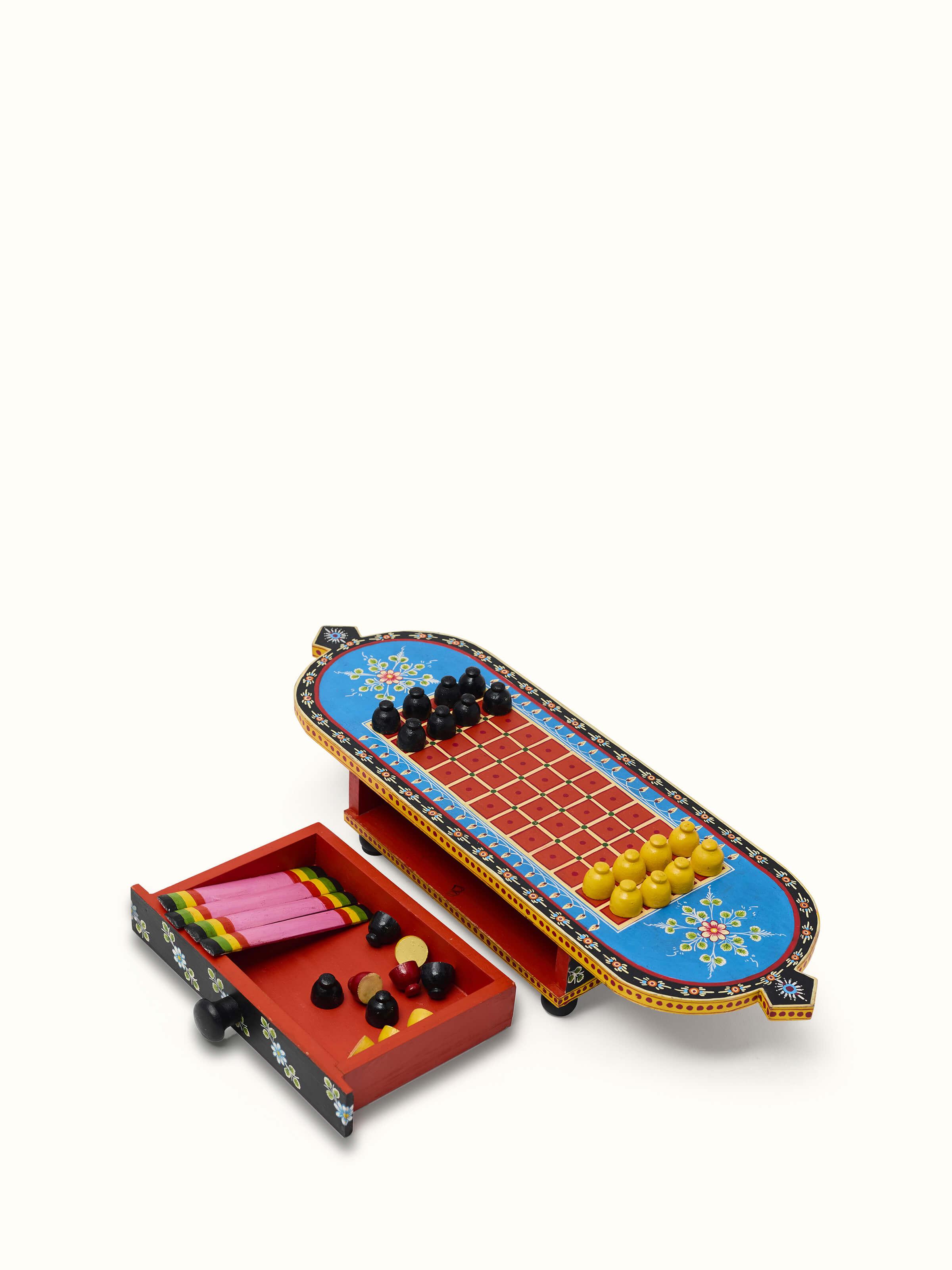 Ganjifa Cedar Wood 5-in-1 Board Game Blue from an angle showing the board layout and design