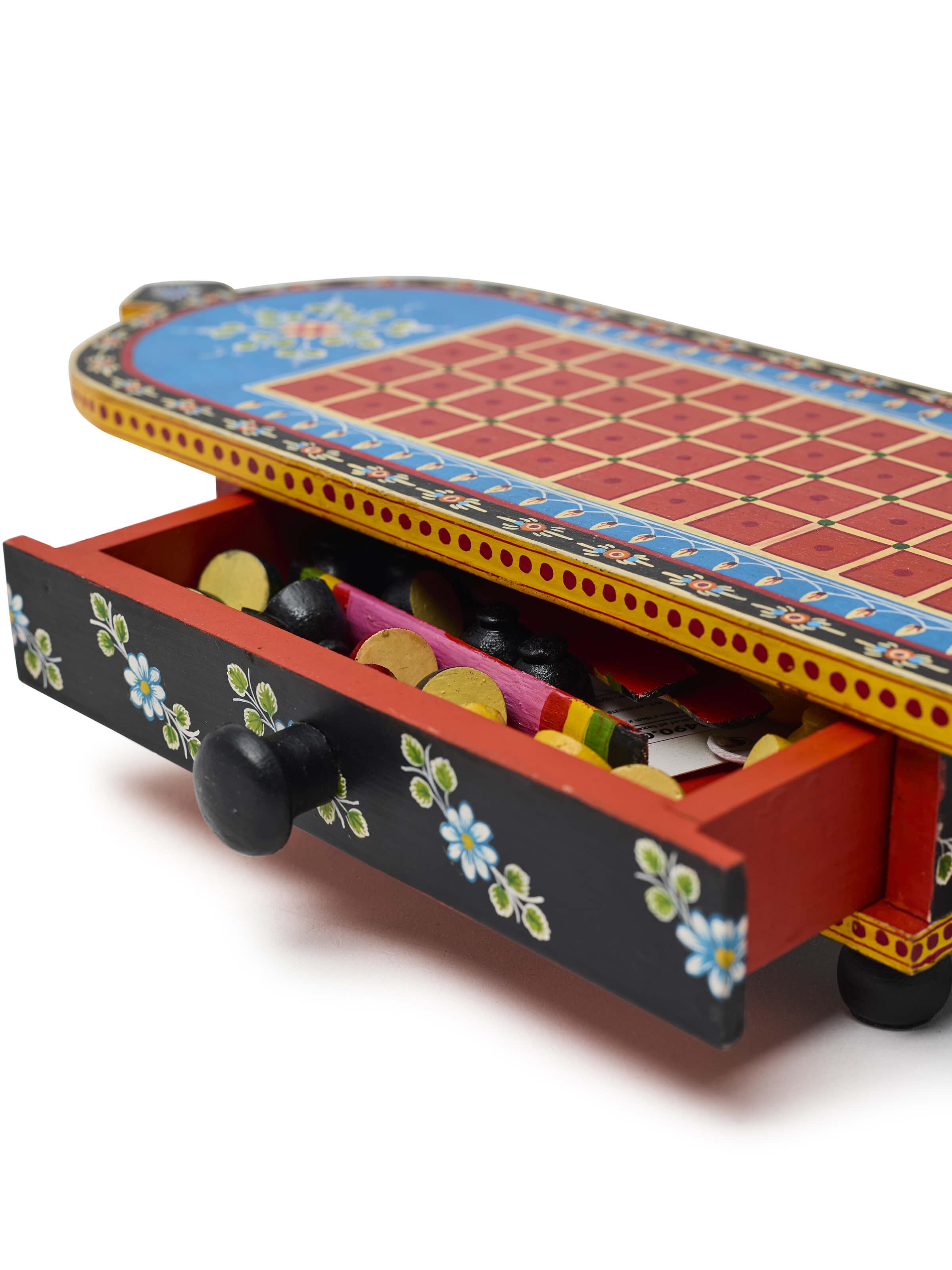 Close-up of Ganjifa Cedar Wood 5-in-1 Board Game Blue highlighting wood texture and detail