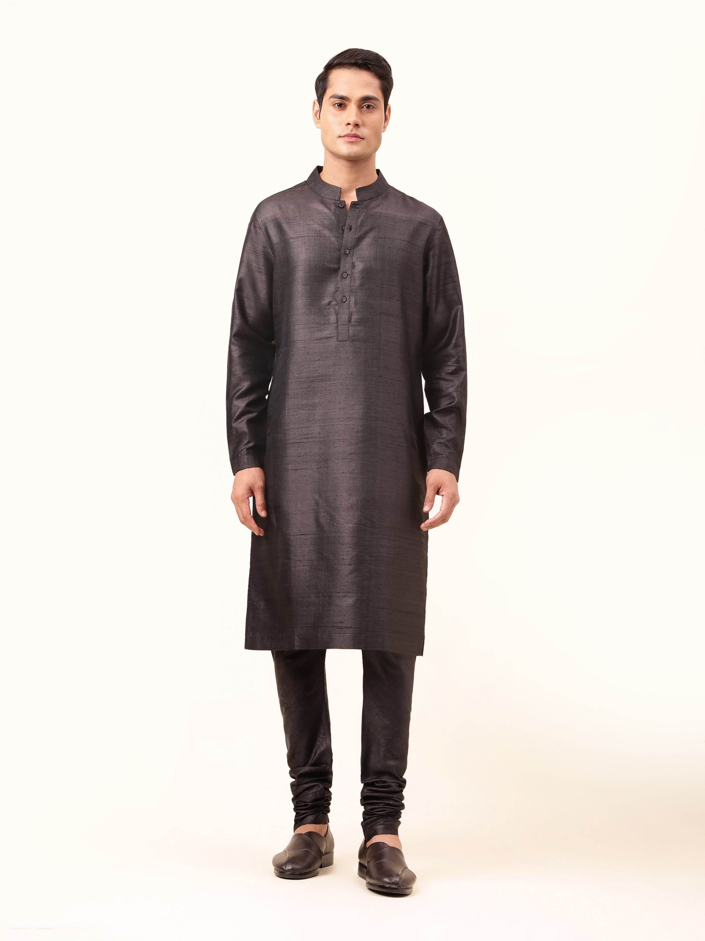 Front view of the sleek black Mulberry silk kurta, exuding refined sophistication.