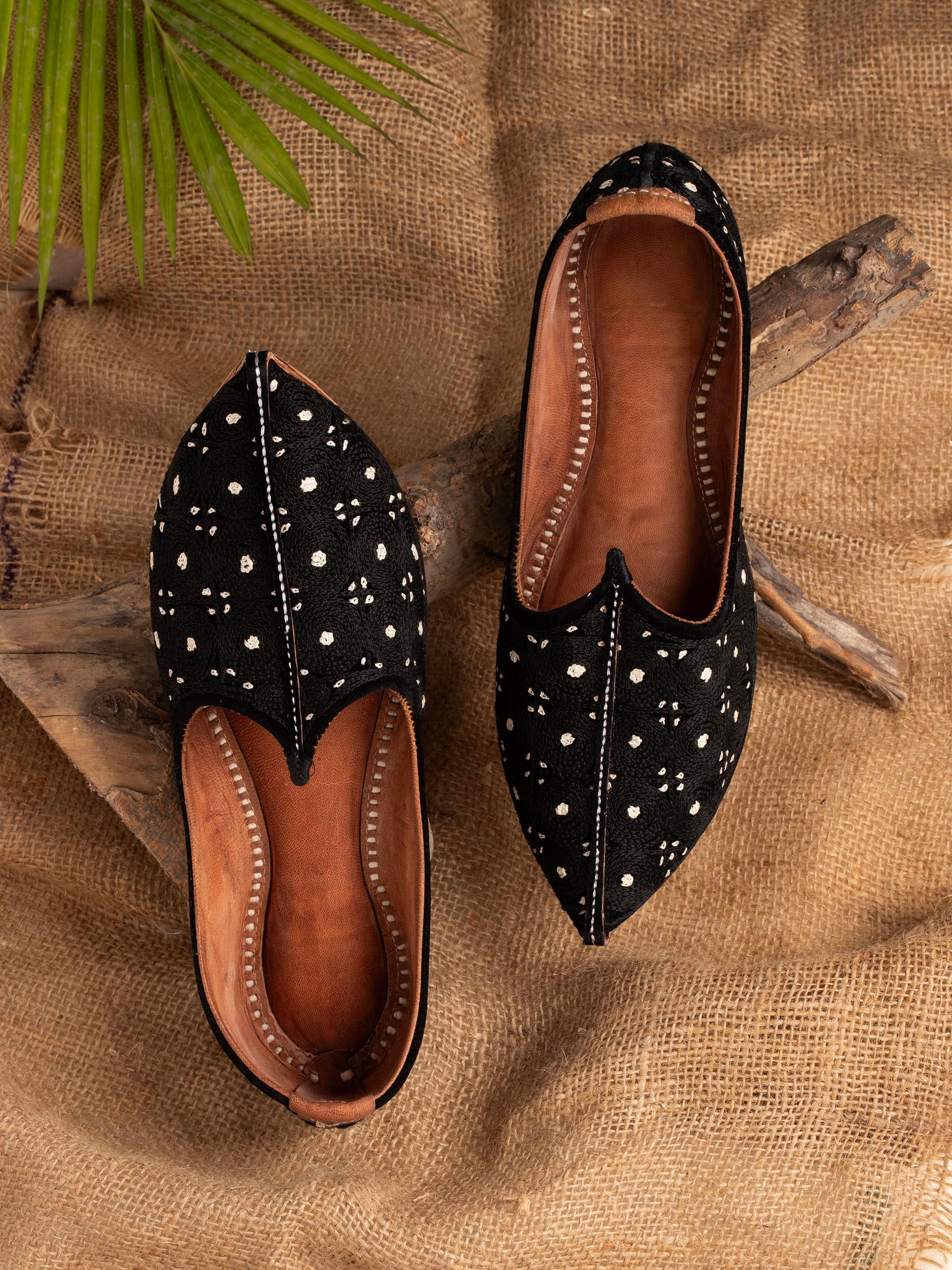 Side view of Black Leather Embroidered Jodhpuri Pagrakha highlighting the embellishments and fit.