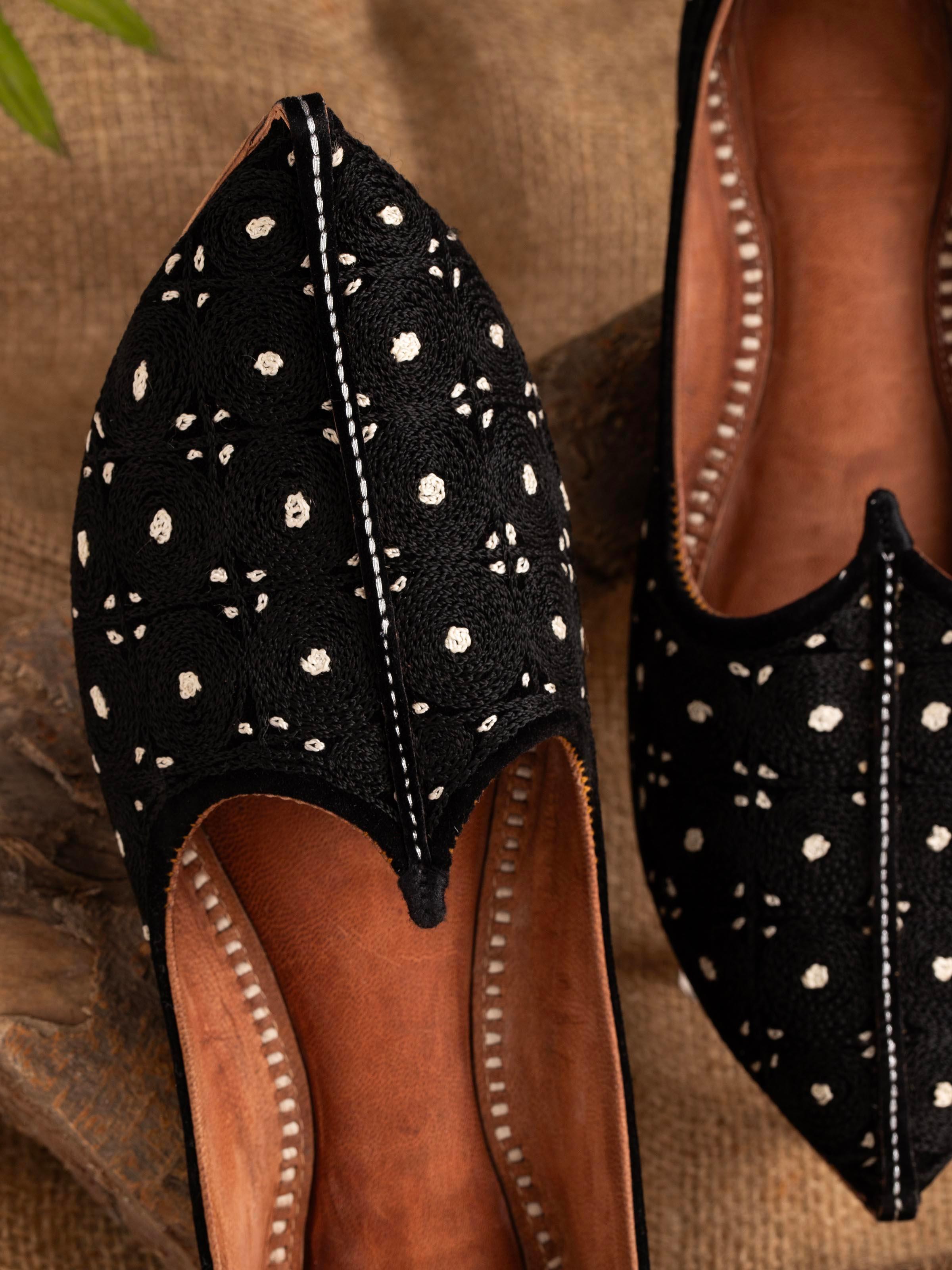 Close-up of Black Leather Embroidered Jodhpuri Pagrakha focusing on embroidery details and leather texture.
